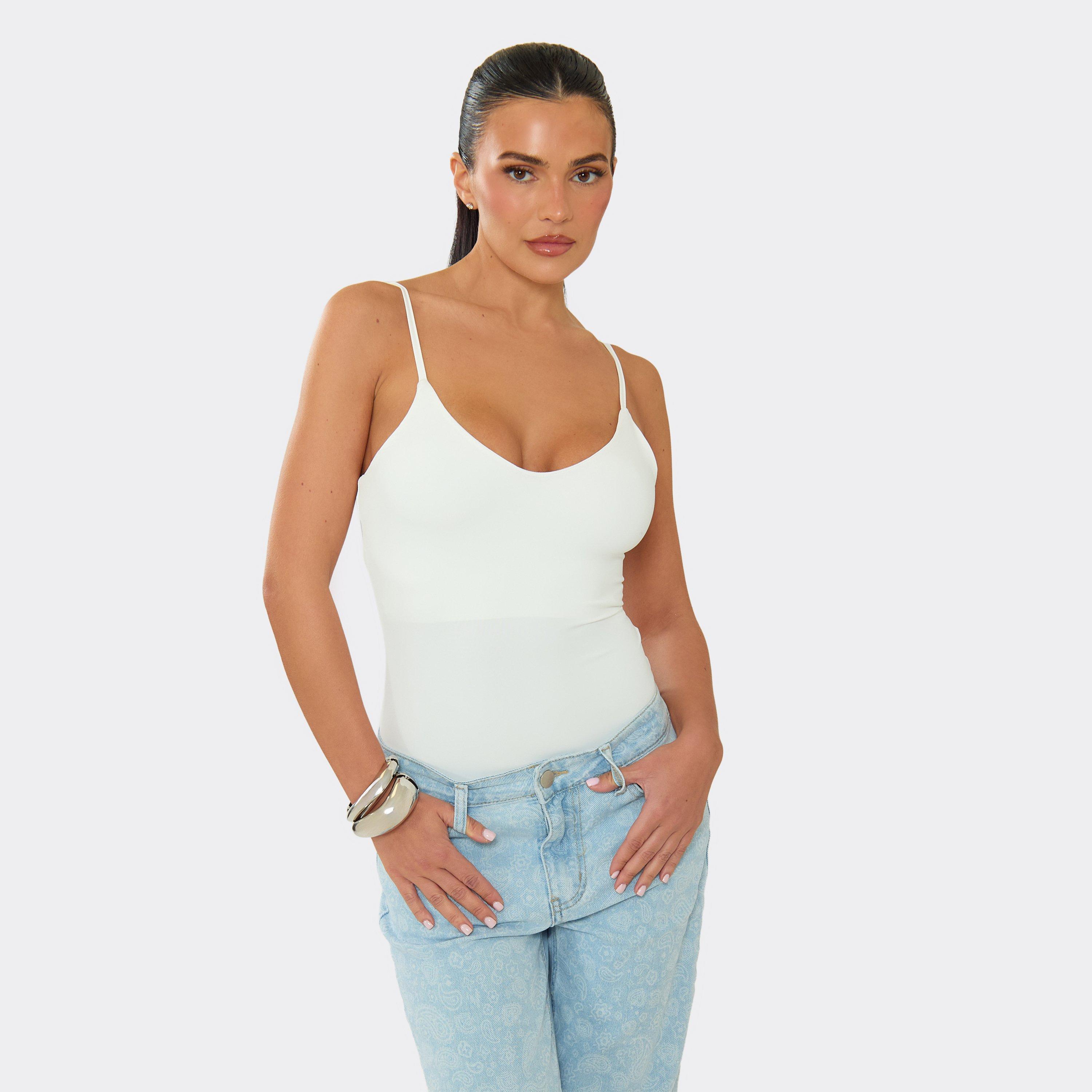 Strappy Scoop Neck Bodysuit In White, Women's Size UK M