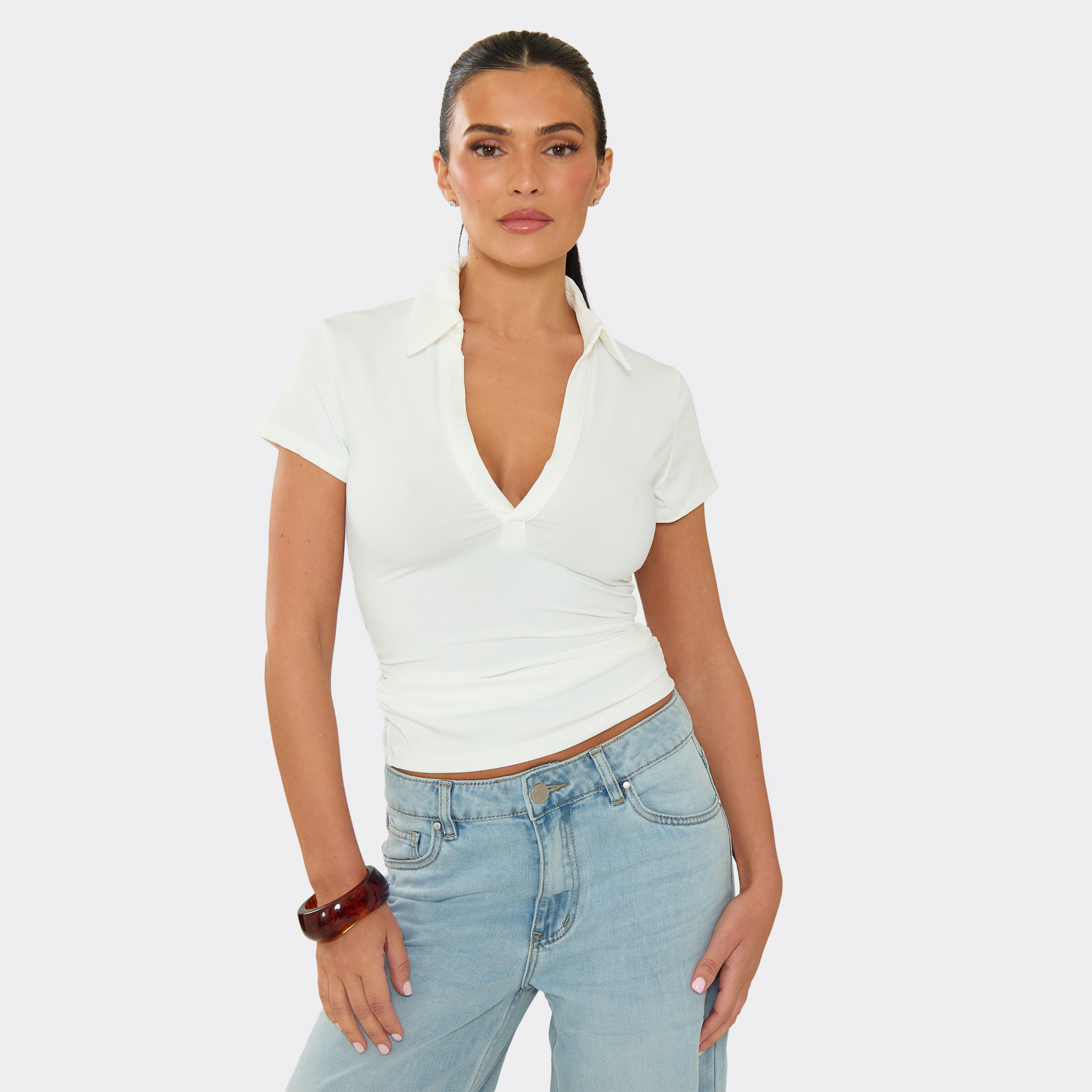 Short Sleeve V Neck Collared Detail Top In White, Women's Size UK M