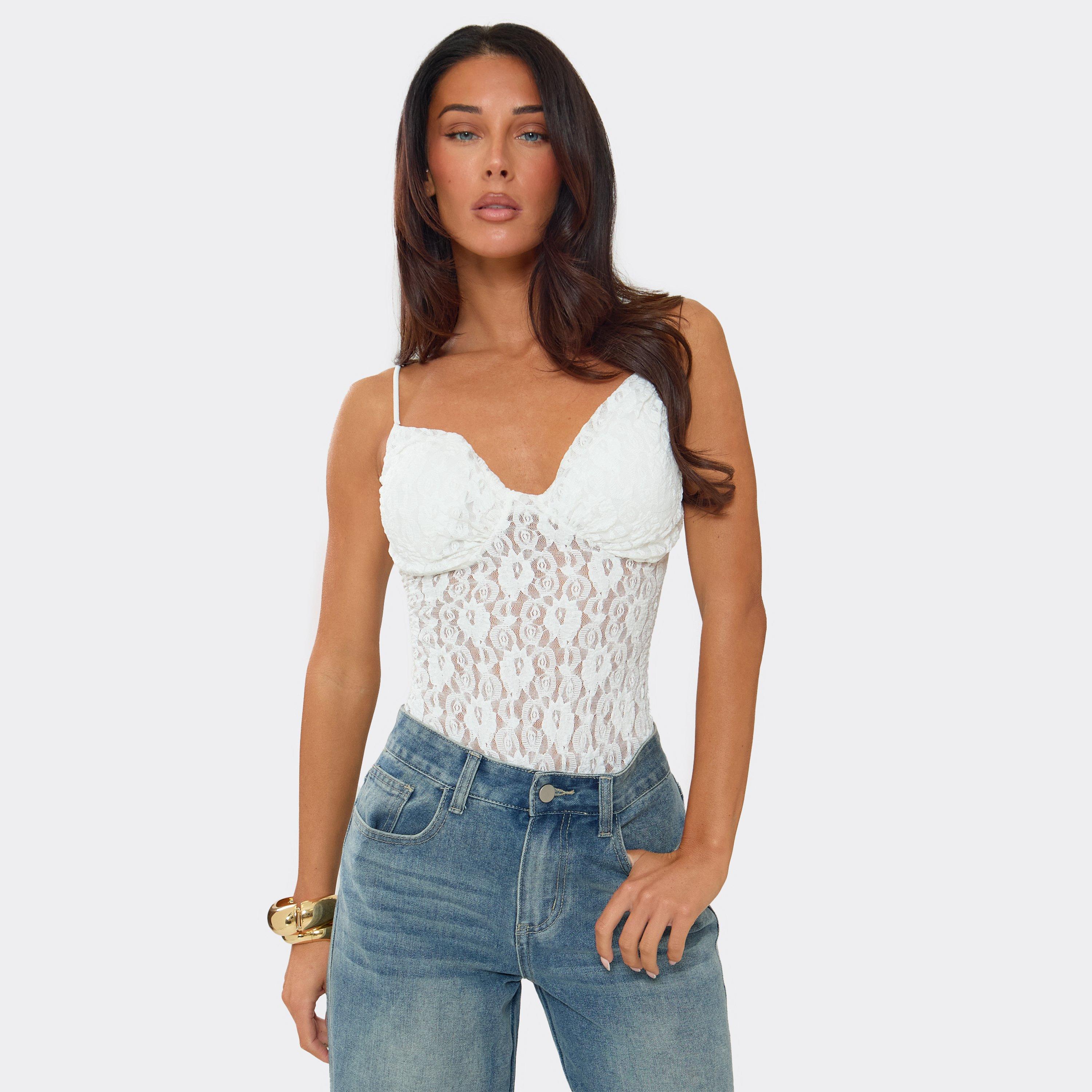 Strappy Cup Detail Bodysuit In White Lace, Women's Size UK M