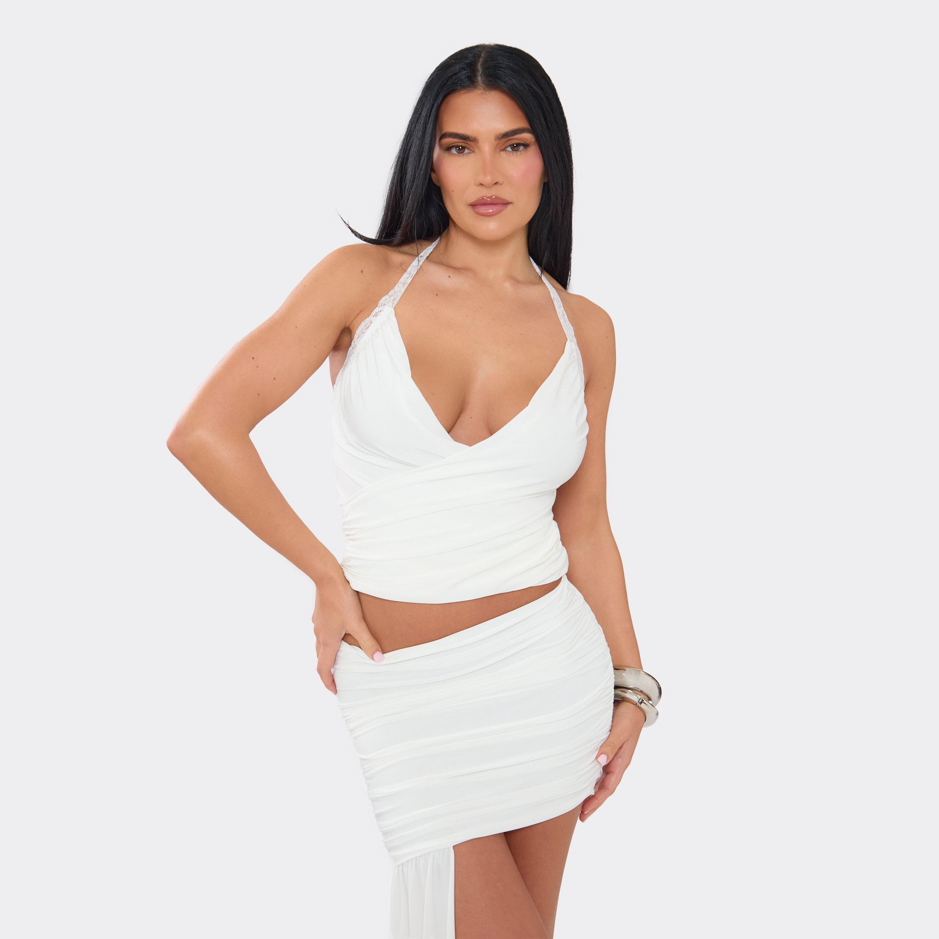 Halterneck Lace Trim Crossover Front Top In White Slinky, Women's Size UK 8