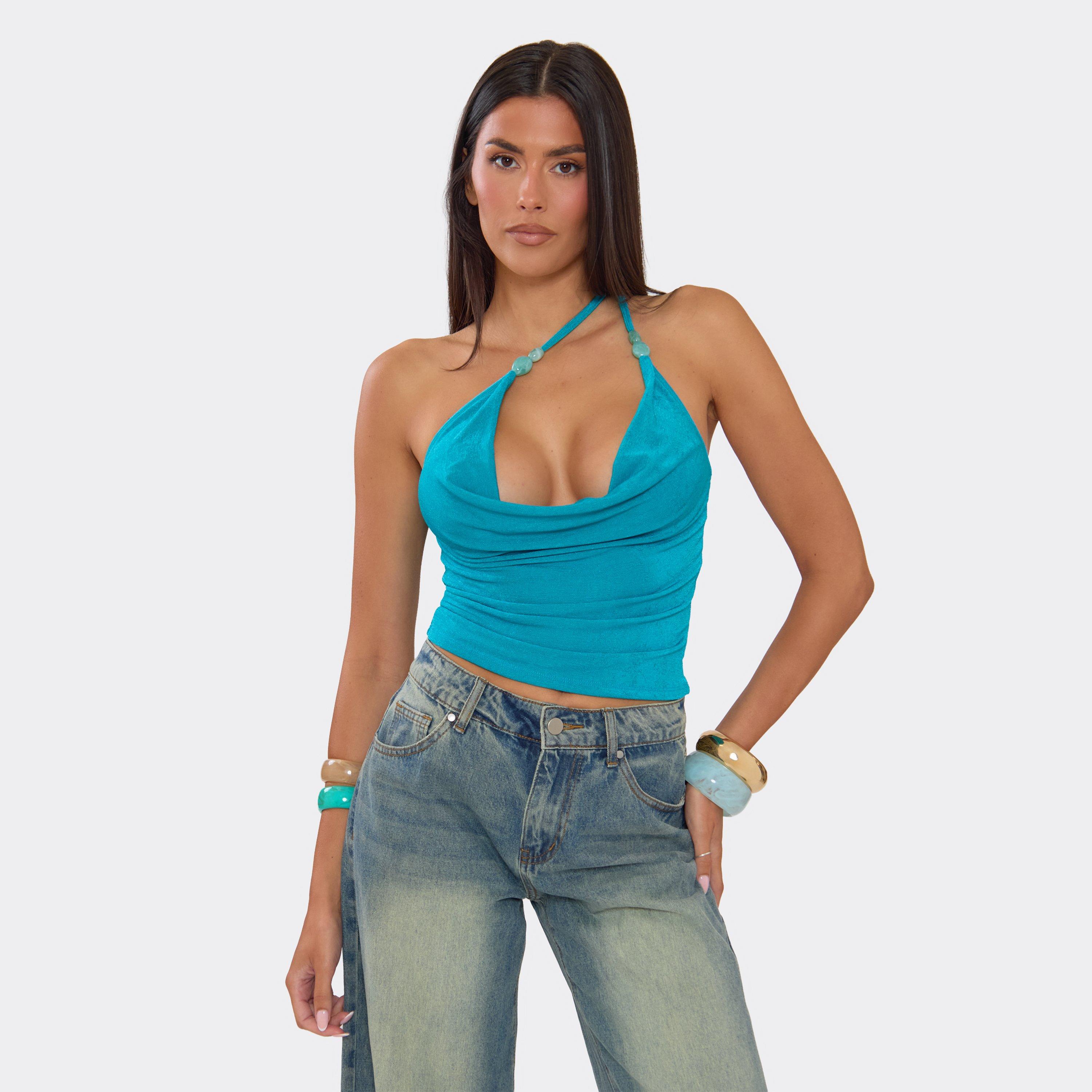 One Shoulder Cowl Neck Beaded Detail Top In Blue, Women's Size US 6