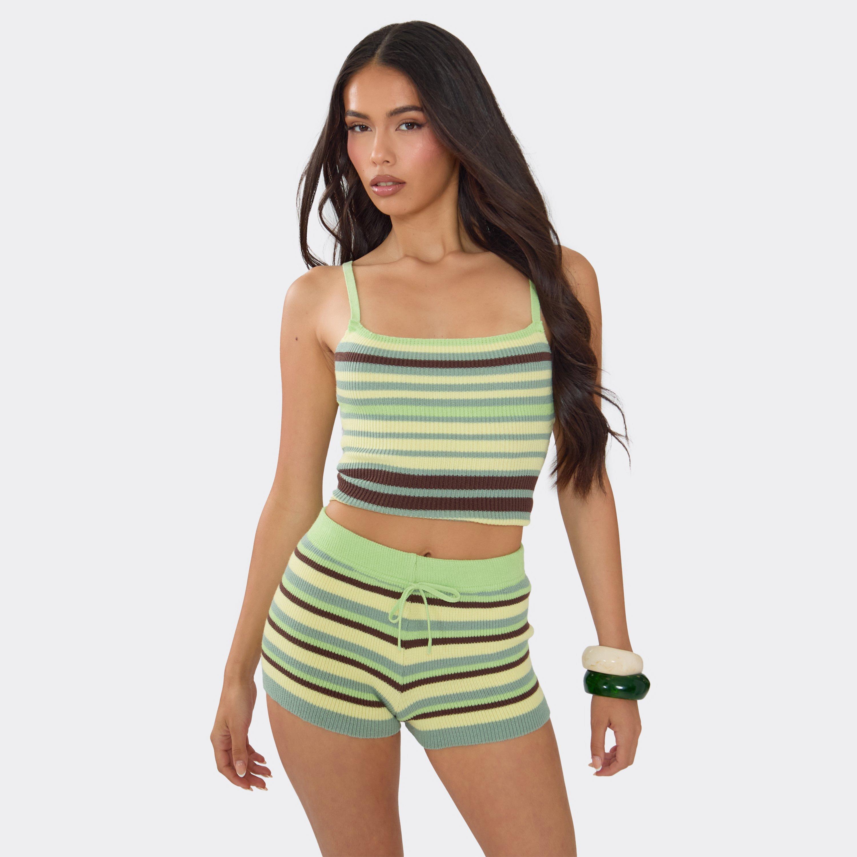 Strappy Crop Top In Green Stripe Knit, Women's Size UK S