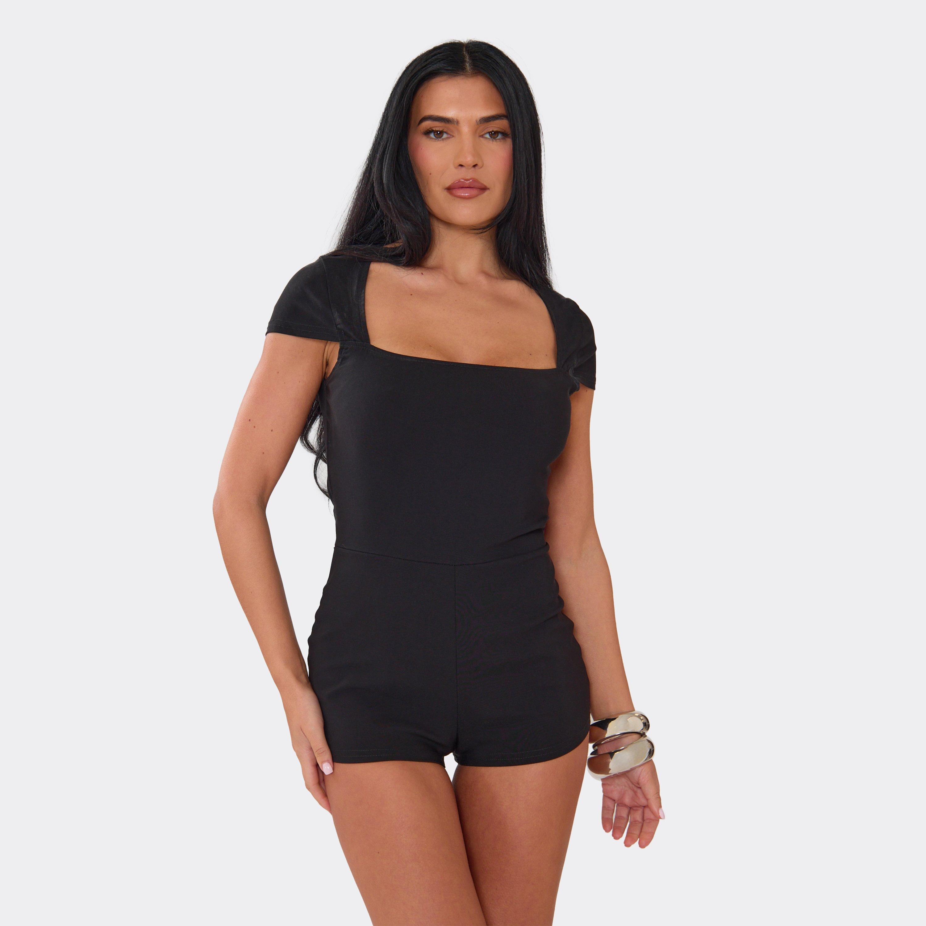 Short Sleeve Square Neck Tailored Playsuit In Black, Women's Size UK 10
