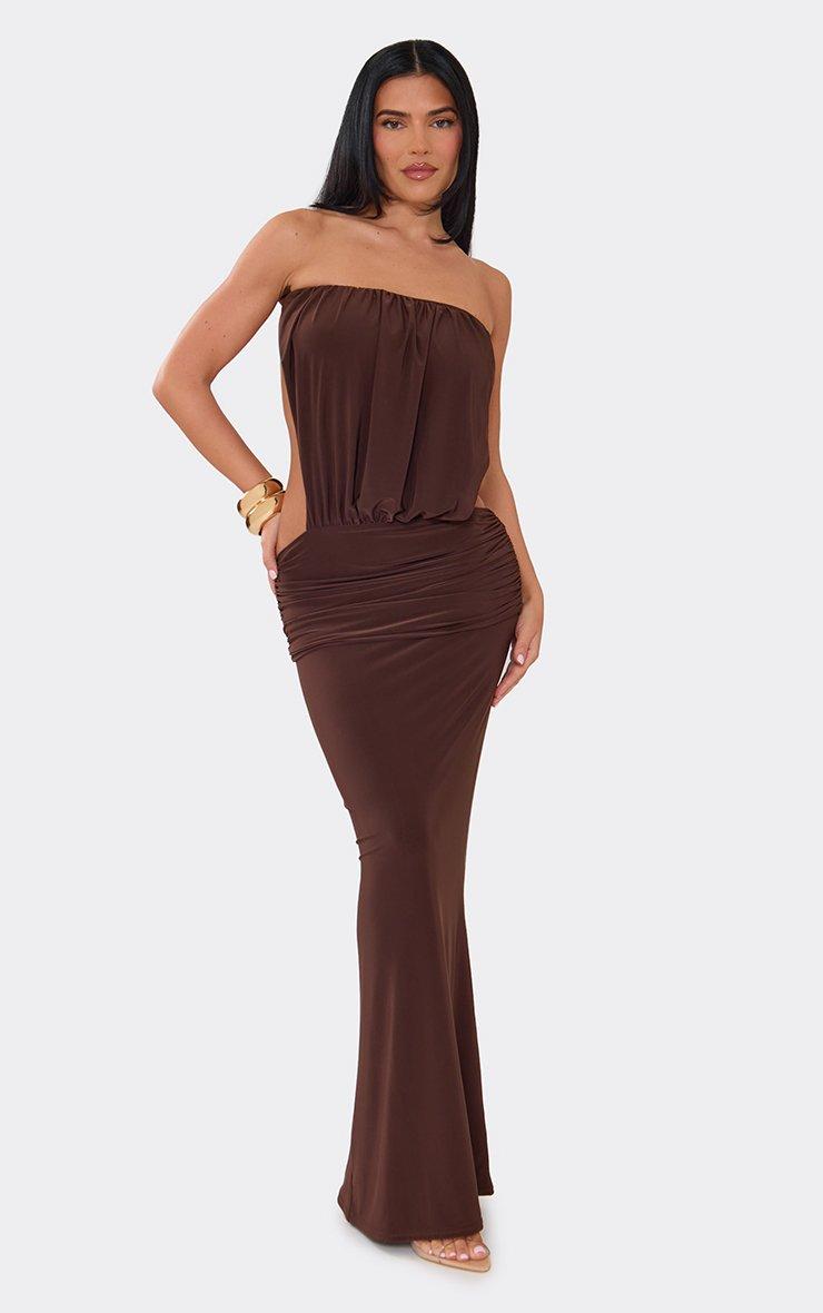 Bandeau Lace Up Back Maxi Dress In Brown Lace | EGO EU | EGO
