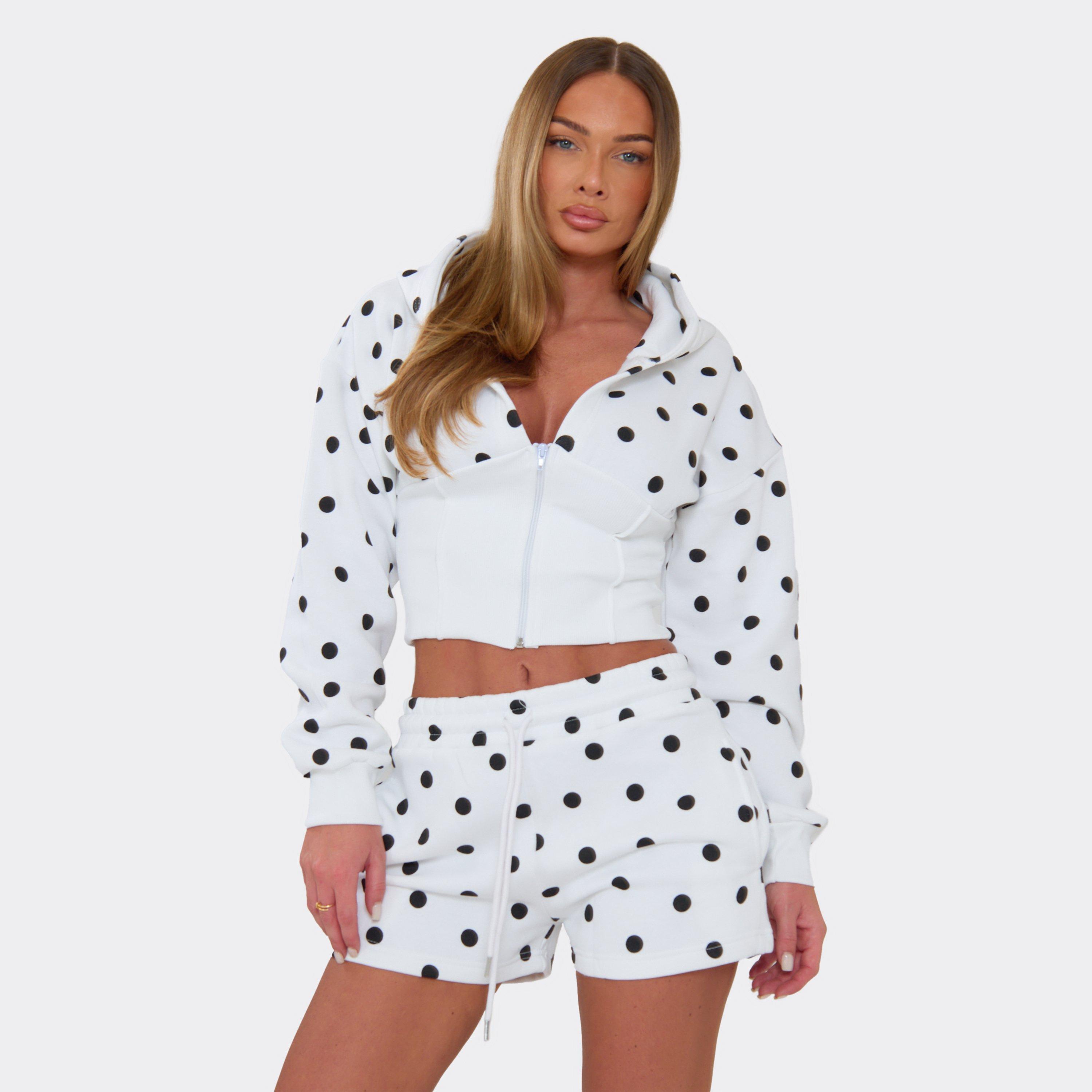 Long Sleeve Cinched Waist Zip Up Hoodie And Sweat Shorts Co-Ord Set In White Polka Dot, Women's Size UK XS