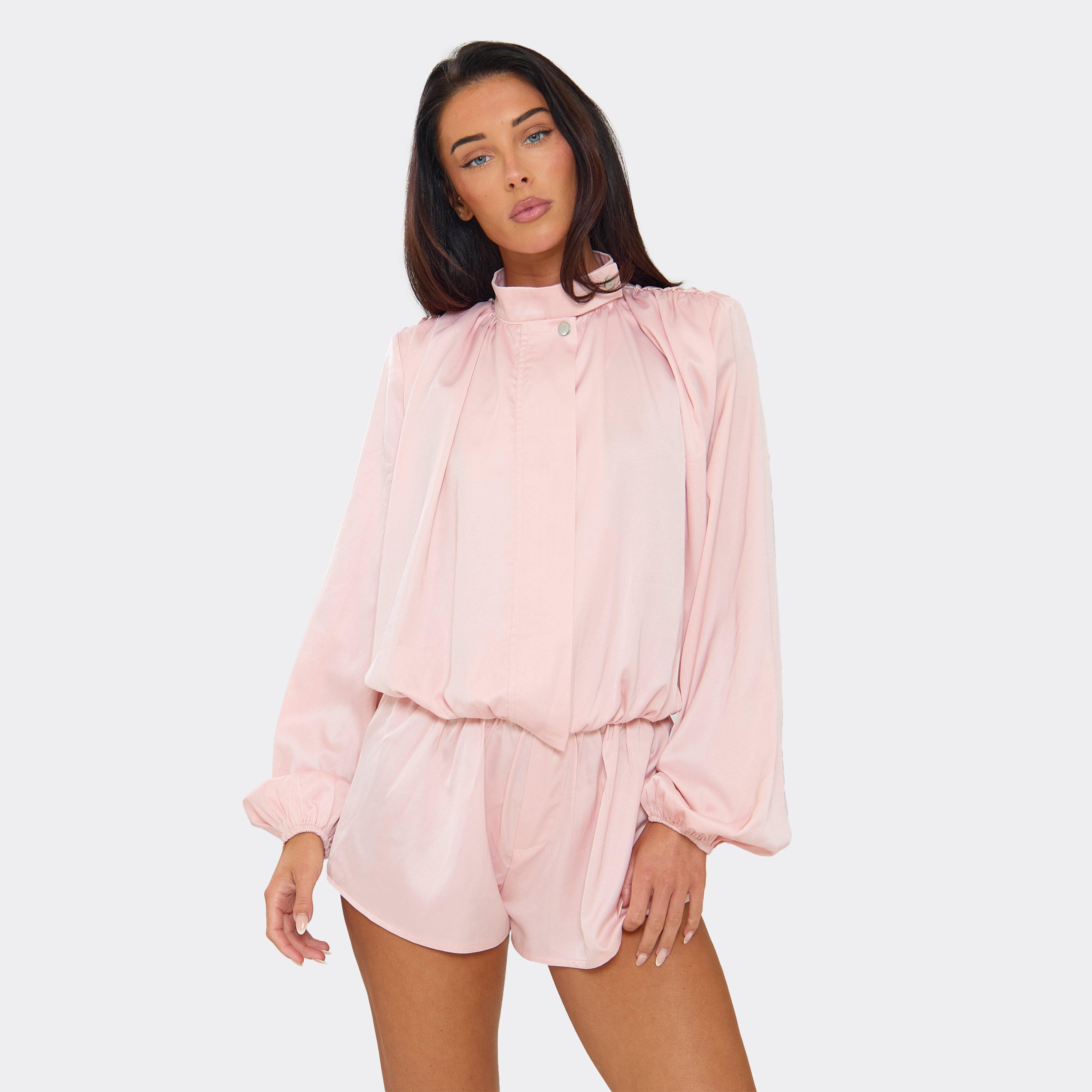 Long Sleeve Funnel Neck Ruched Shoulder Playsuit In Pink Satin, Women's Size US 2