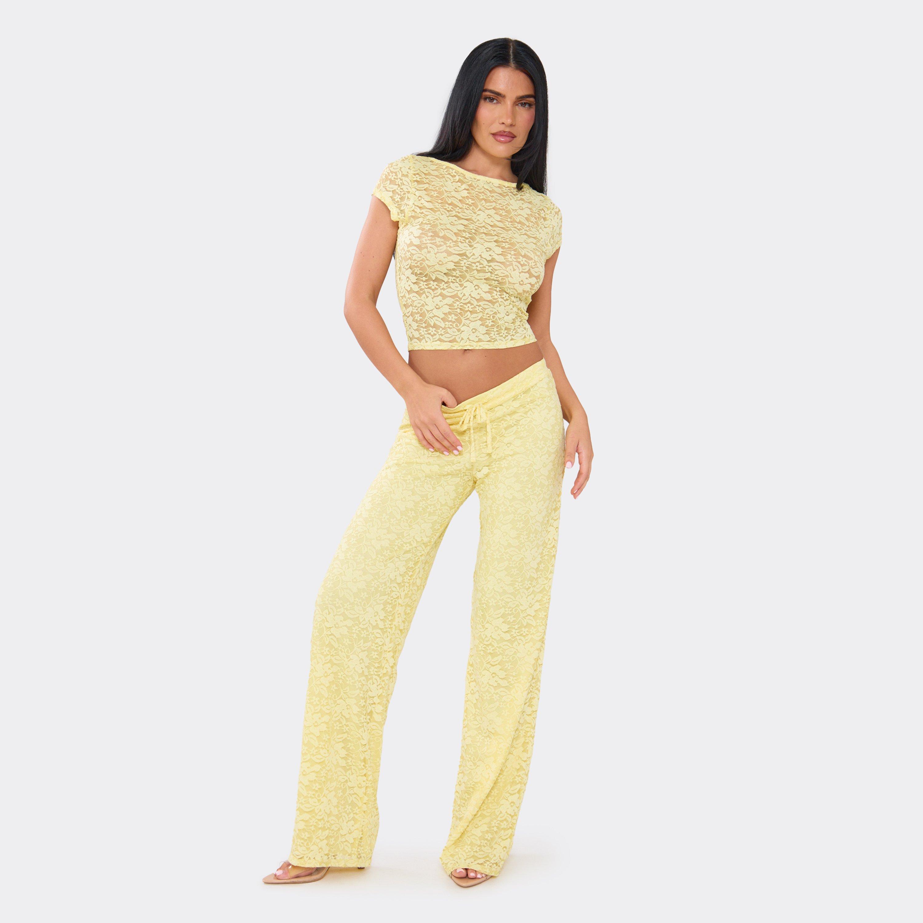 Drawstring Waist Wide Leg Trousers In Lemon Lace, Women's Size UK 6