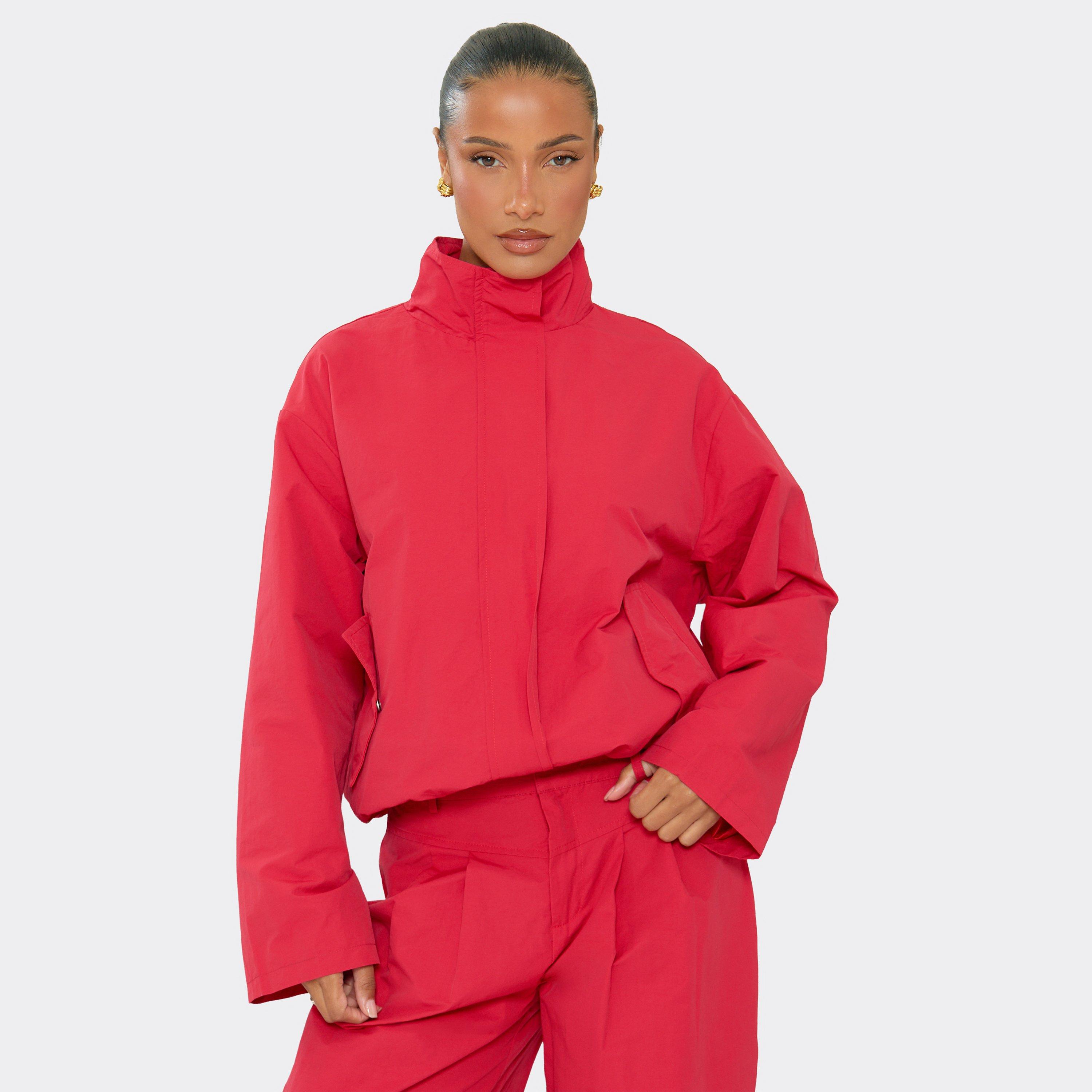 Long Sleeve High Neck Zip Up Shell Jacket In Red, Women's Size UK 12