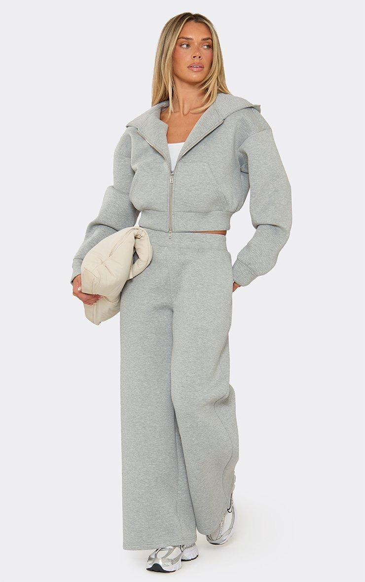 Long Sleeve Zip Up Cinched Waist Hoodie In Light Grey Marl Scuba