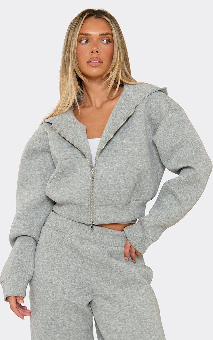 Long Sleeve Zip Up Cinched Waist Hoodie In Light Grey Marl Scuba