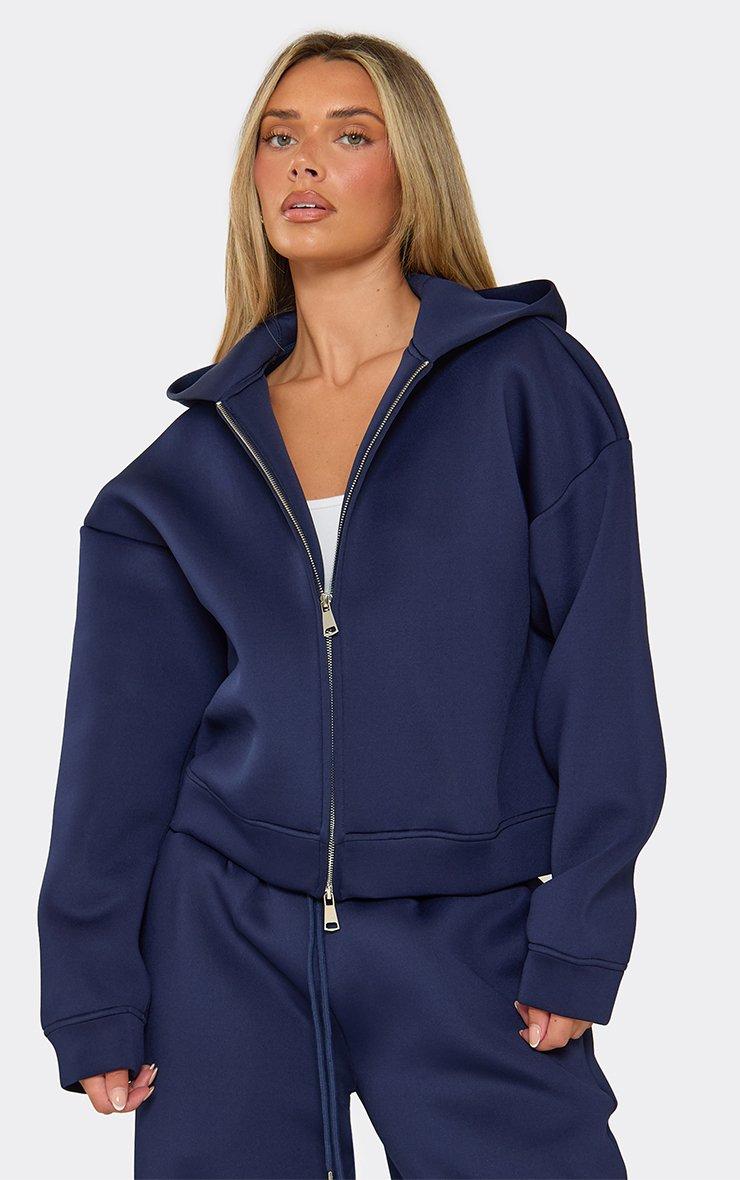 Long Sleeve Double Zip Up Boxy Hoodie In Navy Scuba