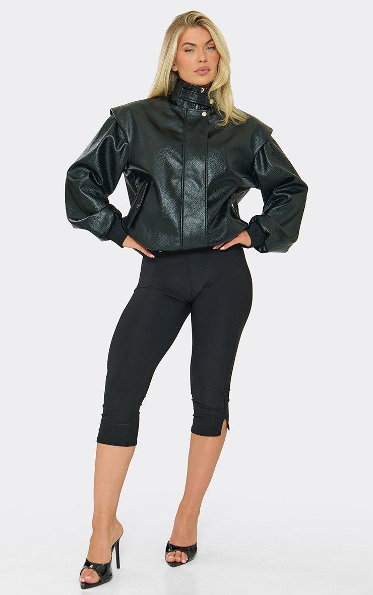 Long Cuffed Sleeve Funnel Neck Jacket In Black Faux Leather.