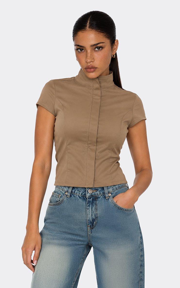 High Neck Short Sleeve Top In Khaki.