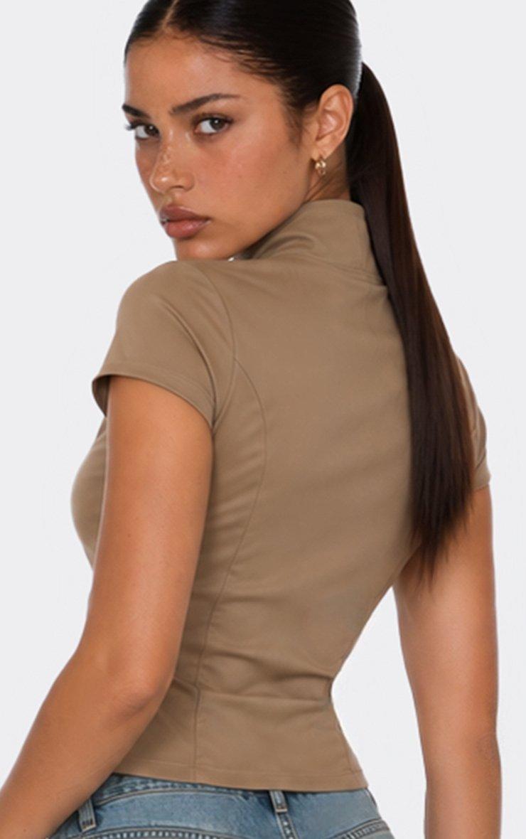 High Neck Short Sleeve Top In Khaki.