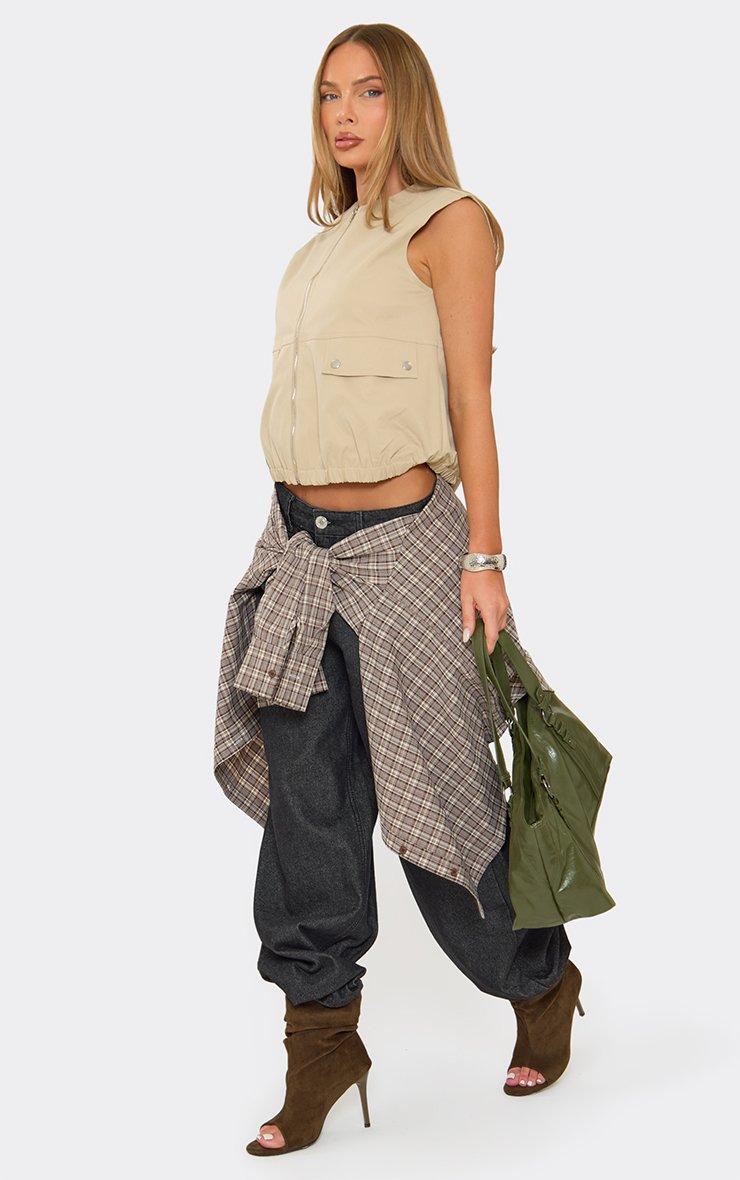 Sleeveless Zip Up Front Oversized Top In Stone.
