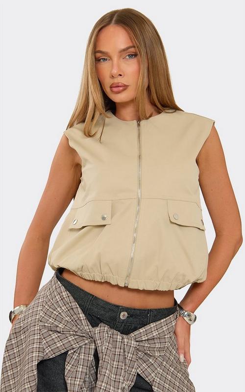 Sleeveless High Neck Binding Detail Top In Taupe Woven | EGO US | EGO