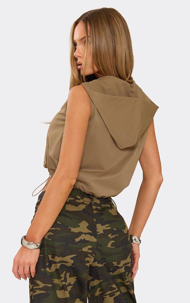 Sleeveless Zip Up Front Hooded Top In Khaki