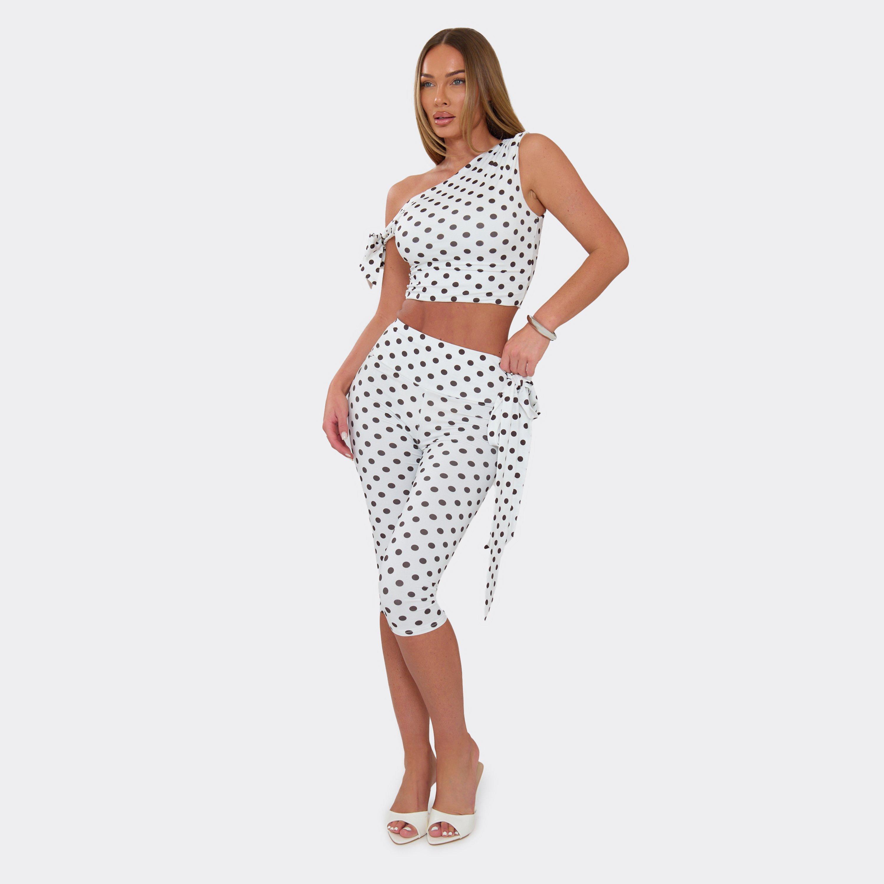 Off The Shoulder Top And Capri Leggings Co-Ord Set In White Polka Dot, Women's Size UK S/M