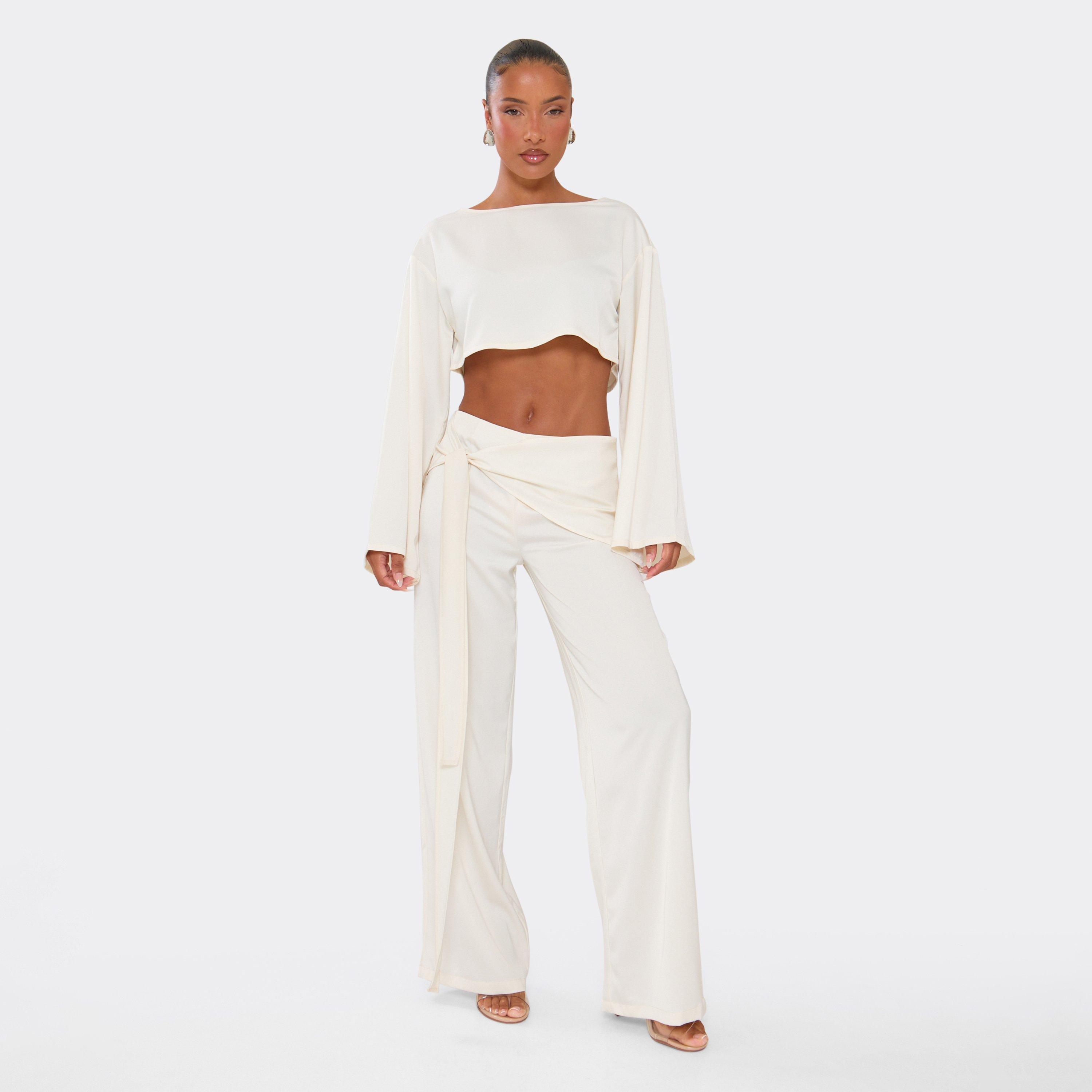 Mid Rise Tie Waist Detail Wide Leg Trousers In Cream Satin, Women's Size UK 10