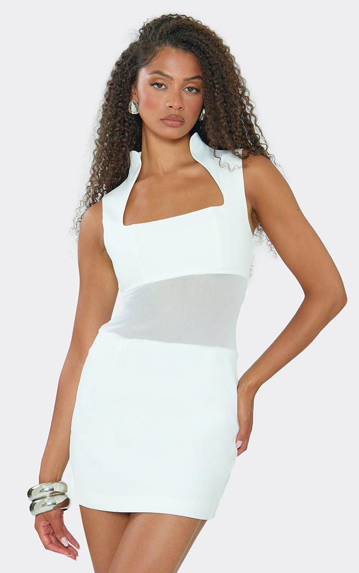 Square Neck Mesh Panel Mini Dress In White.
