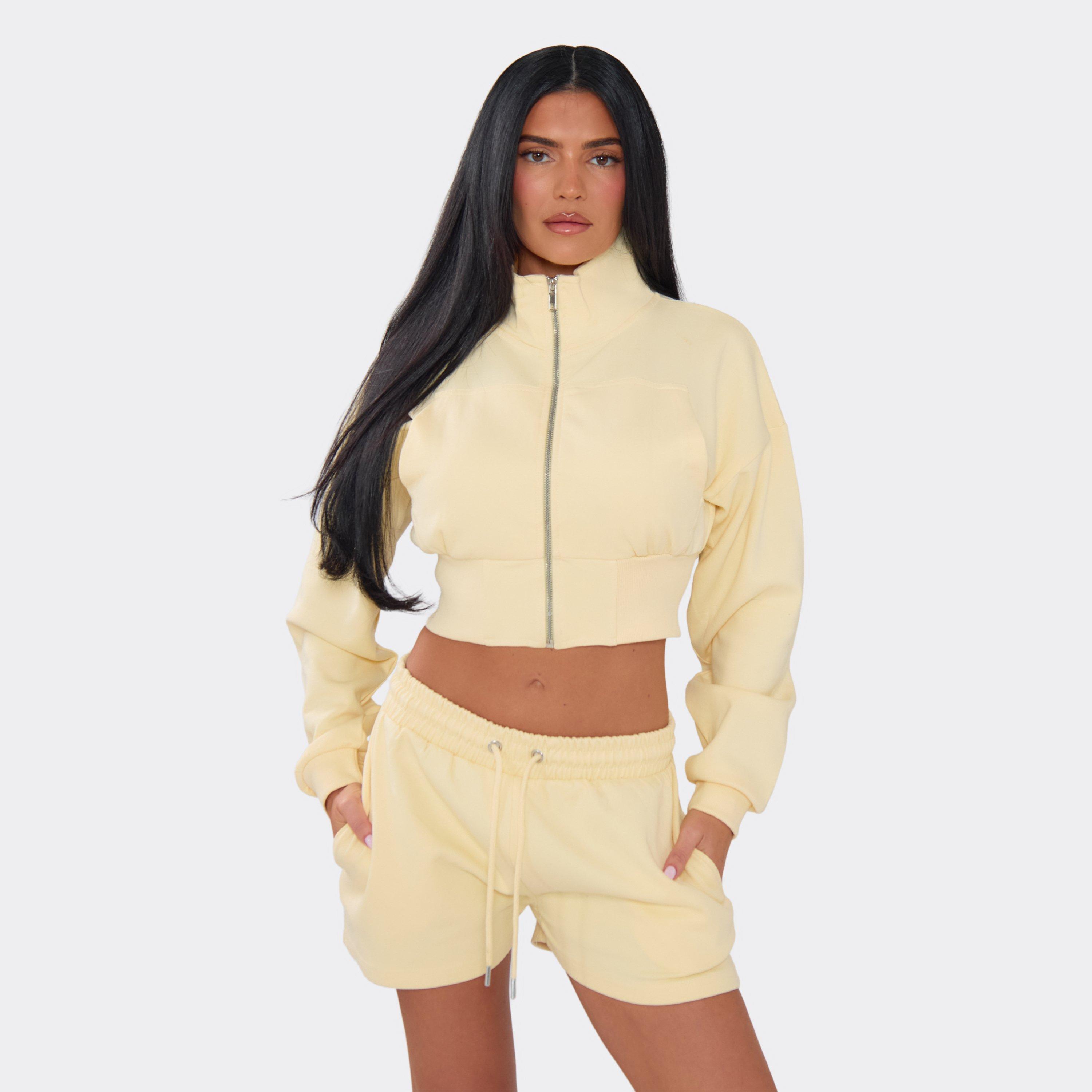 Long Sleeve Zip Up Jacket And Drawstring Waist Sweat Shorts Co-Ord Set In Lemon, Women's Size UK M