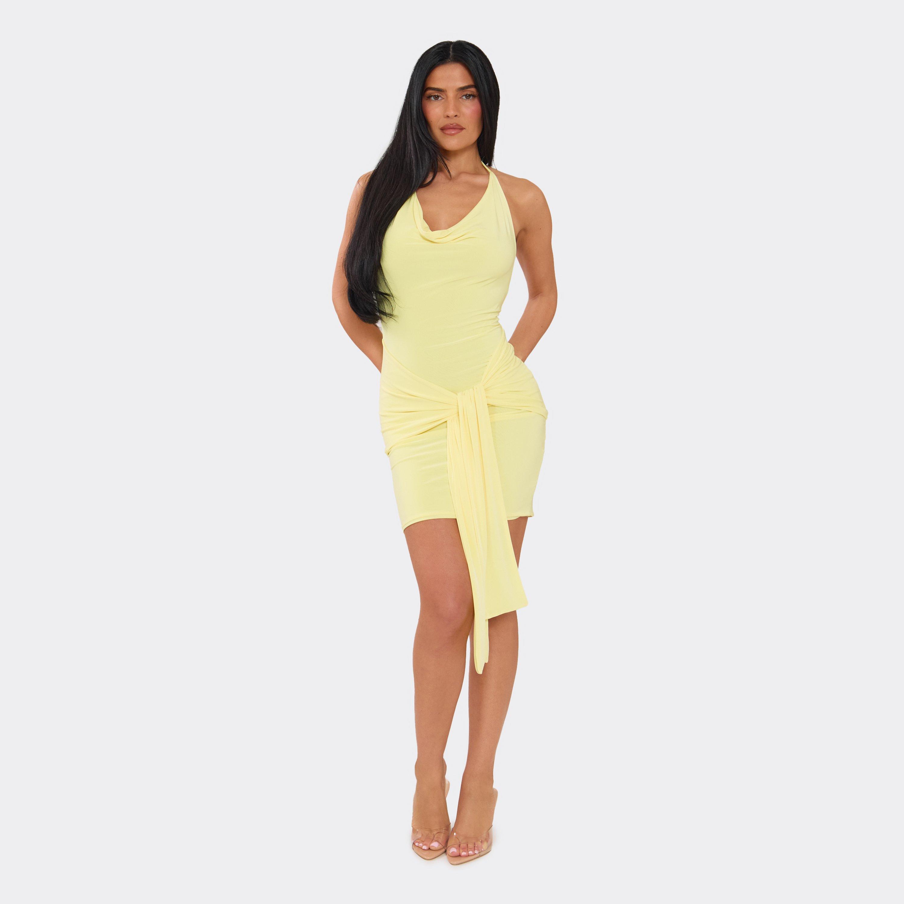 Cowl Halterneck Tie Front Mini Dress In Lemon, Women's Size UK 12