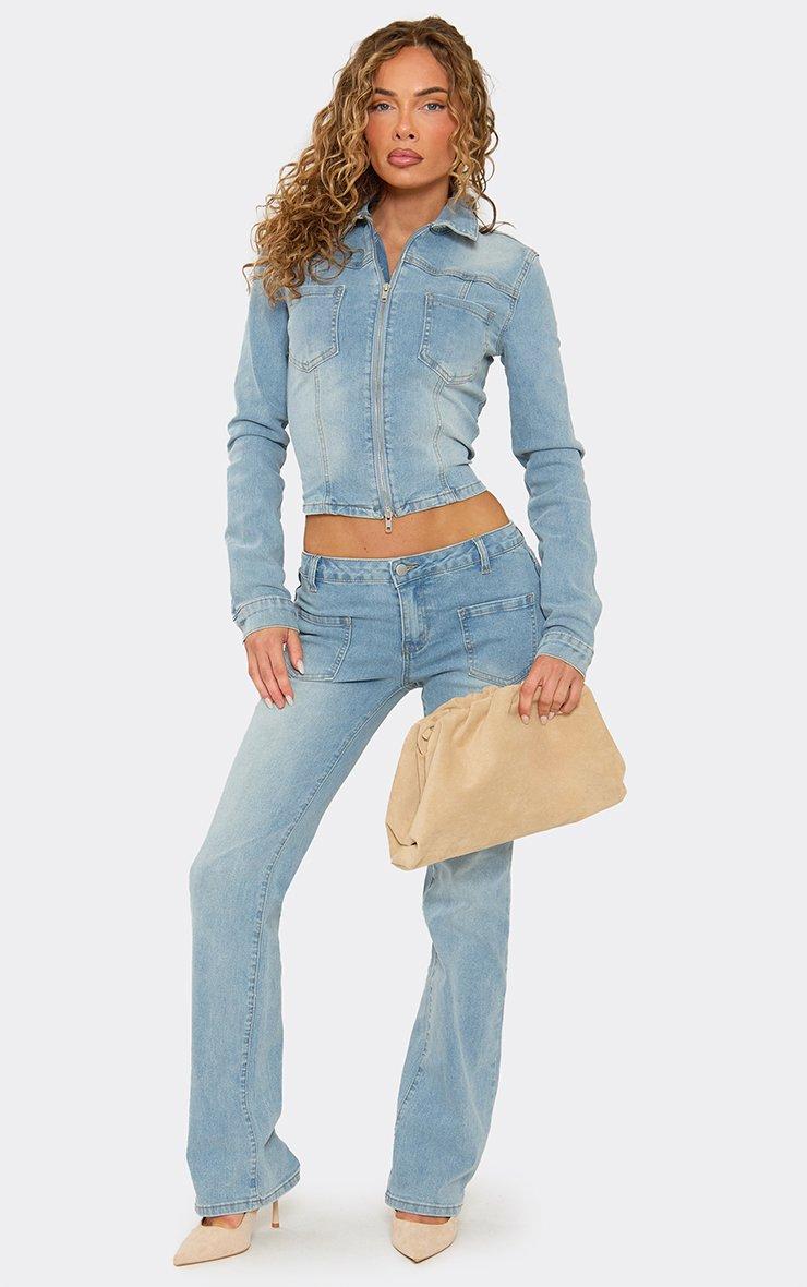 Low Rise Pocket Front Seam Detail Flared Jeans In Light Blue Denim