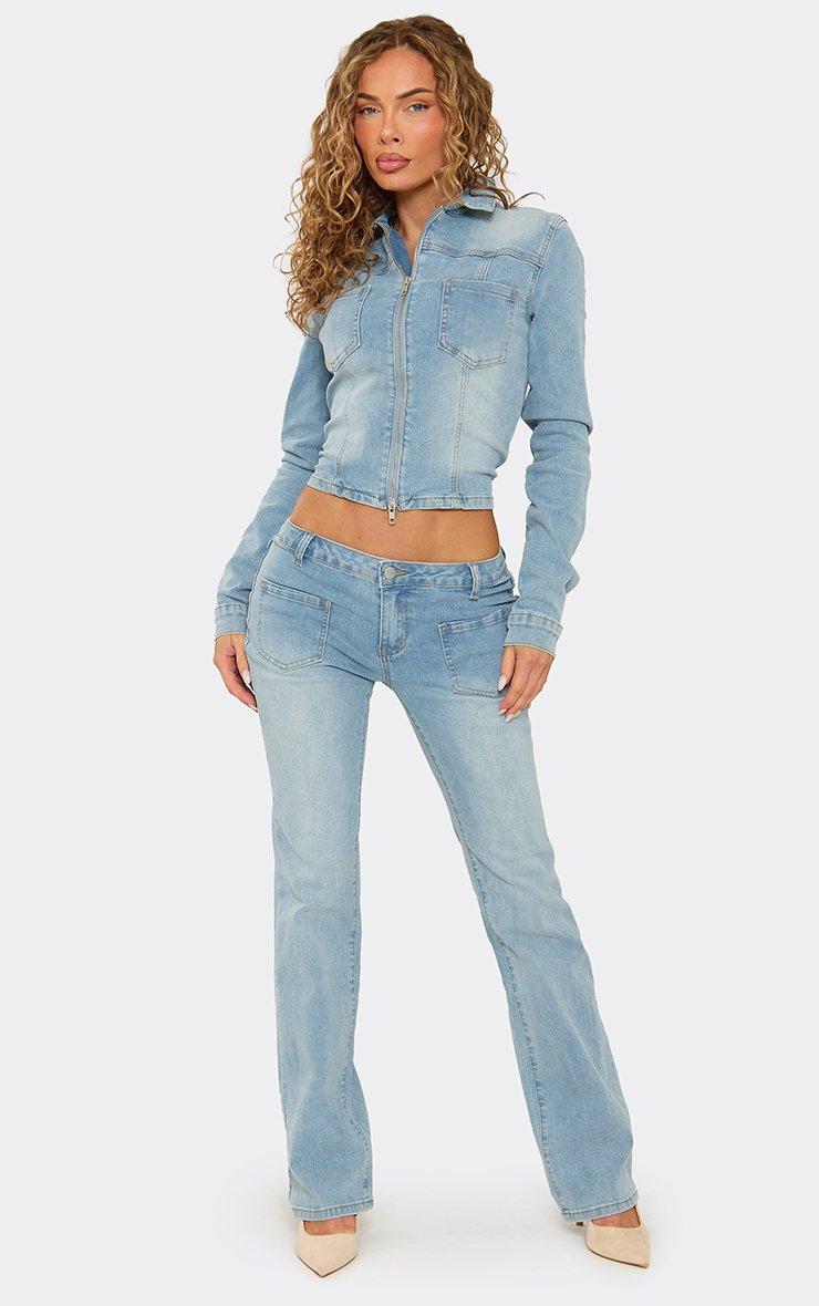 Low Rise Pocket Front Seam Detail Flared Jeans In Light Blue Denim