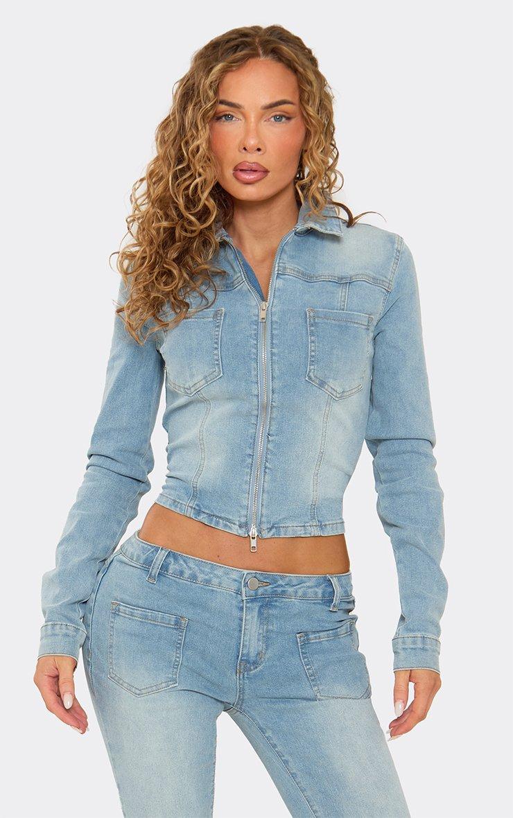 Long Sleeve Pocket Front Seam Detail Zip Up Jacket In Light Blue Denim