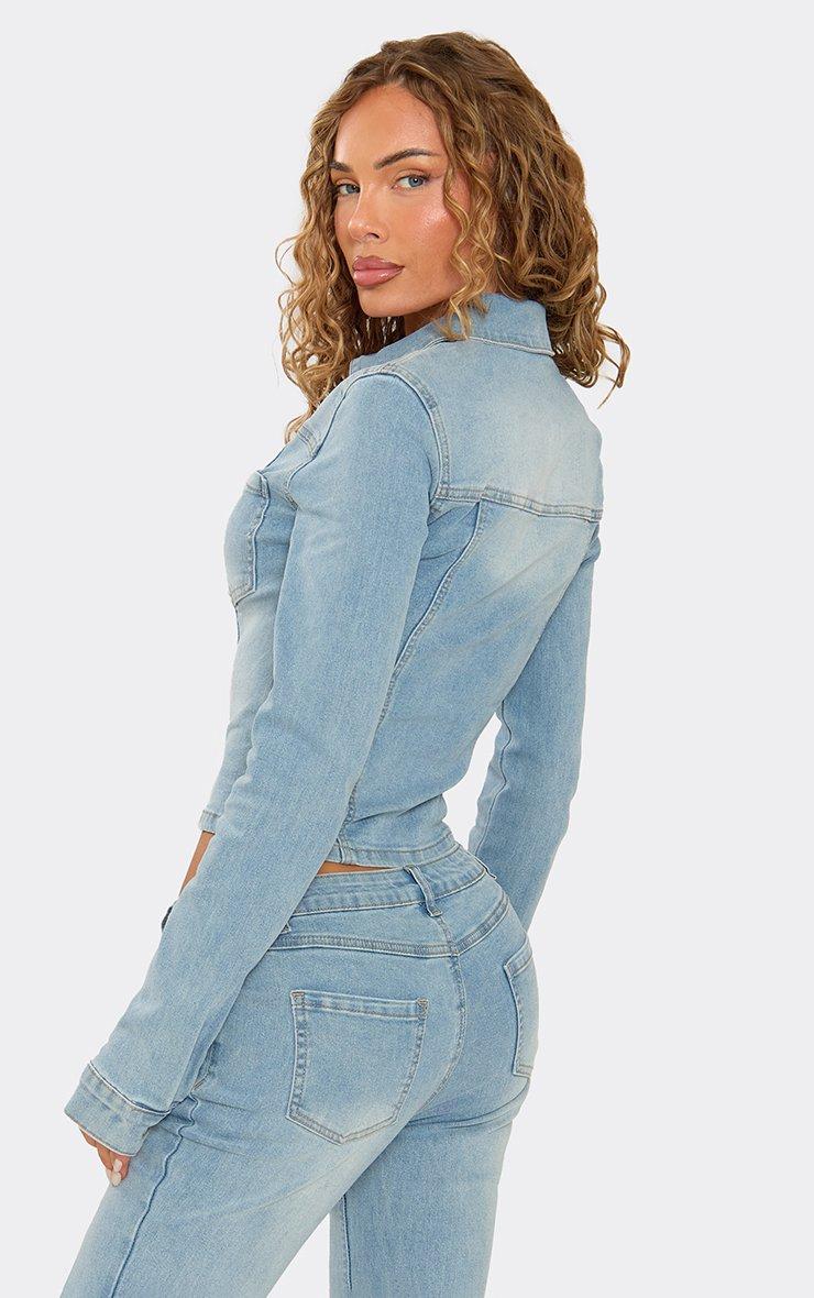 Long Sleeve Pocket Front Seam Detail Zip Up Jacket In Light Blue Denim