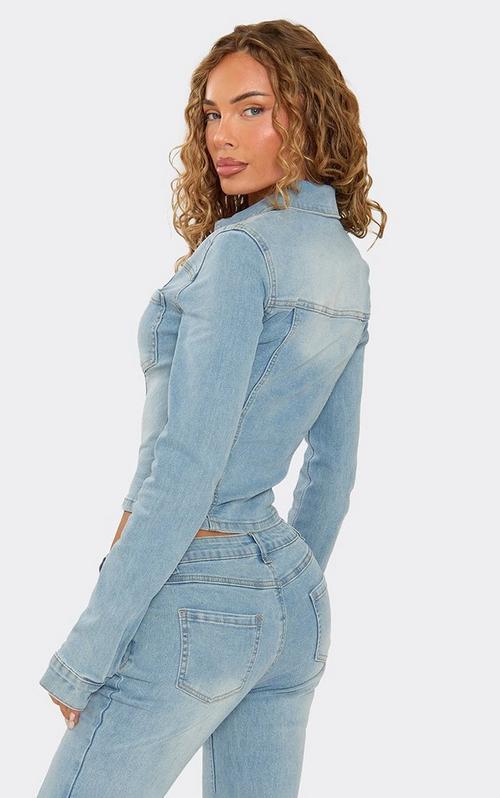 Long Sleeve Oversized Min Min Detail Jacket In Washed Blue Denim