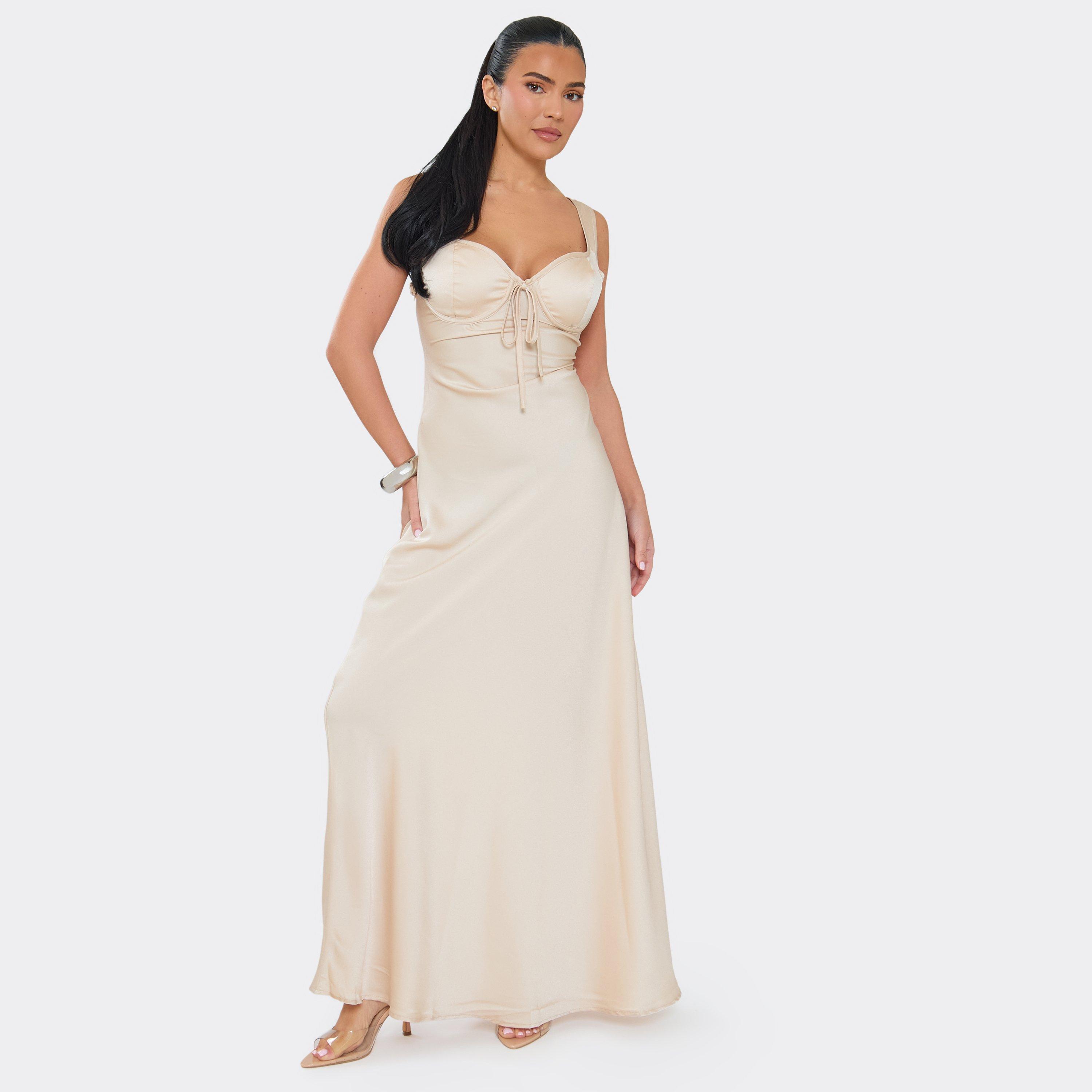 Strappy Underwired Bust Floaty Maxi Dress In Champagne, Women's Size UK 14