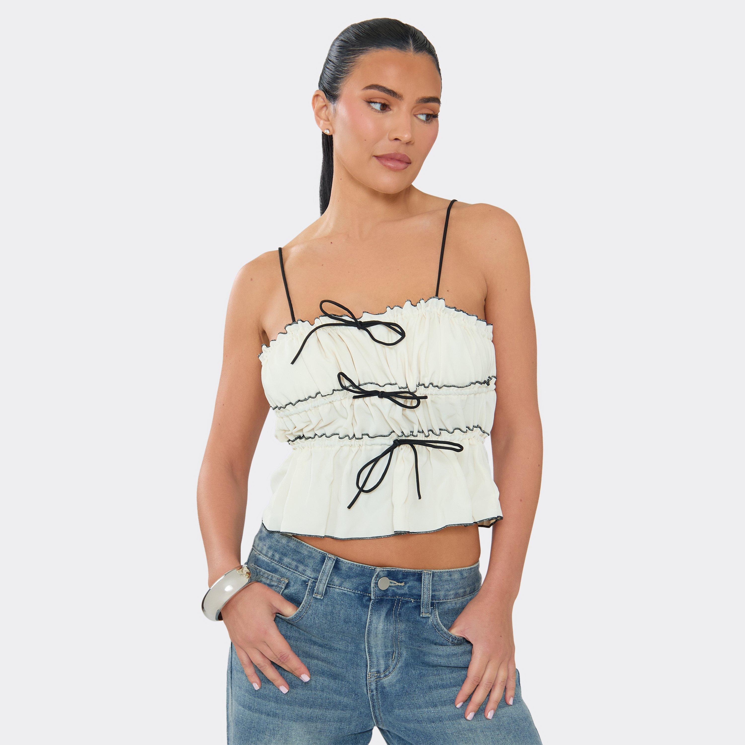Strappy Ruched Contrast Bow Detail Peplum Top In Cream., Women's Size UK 10