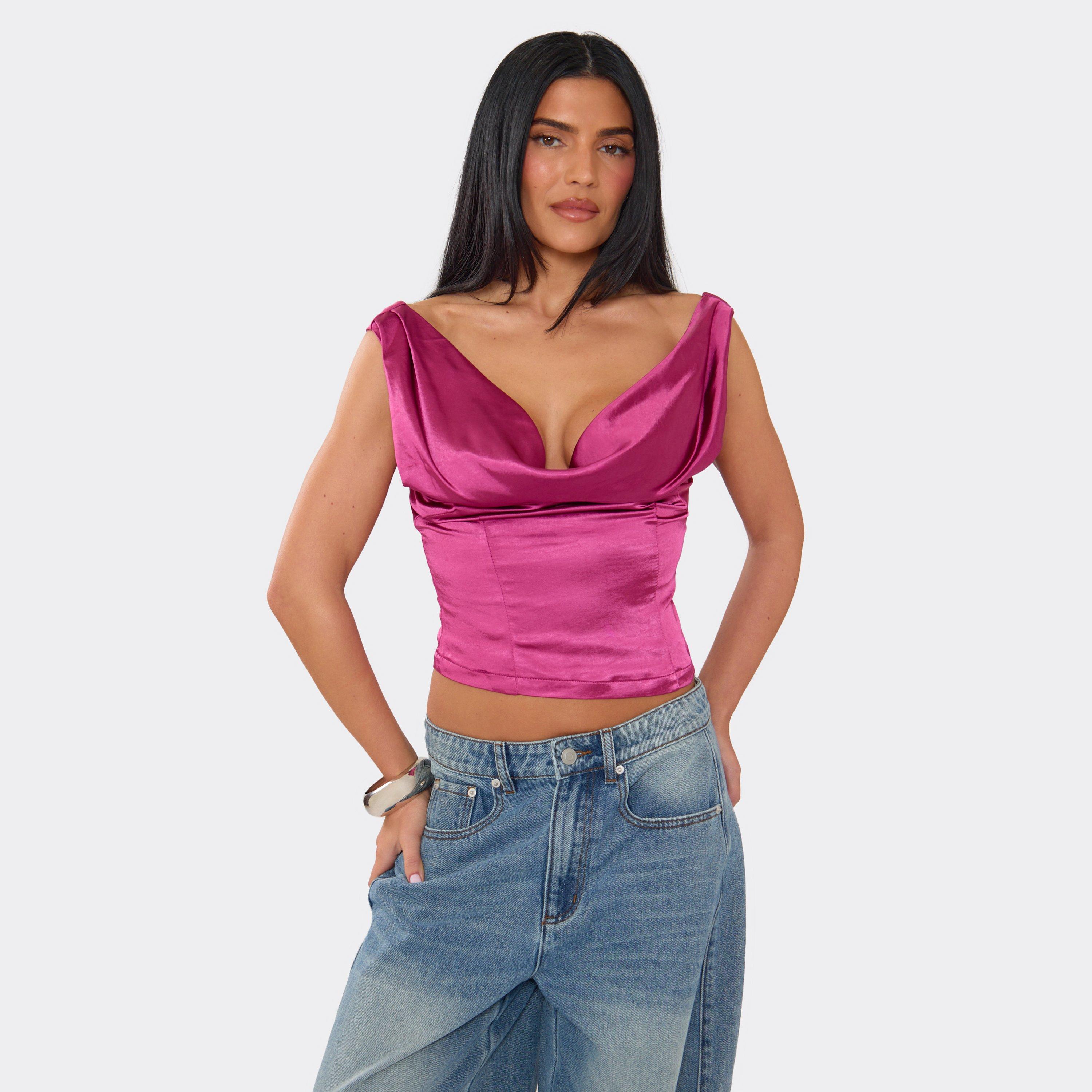Cowl Neck Top In Pink Satin, Women's Size UK 16