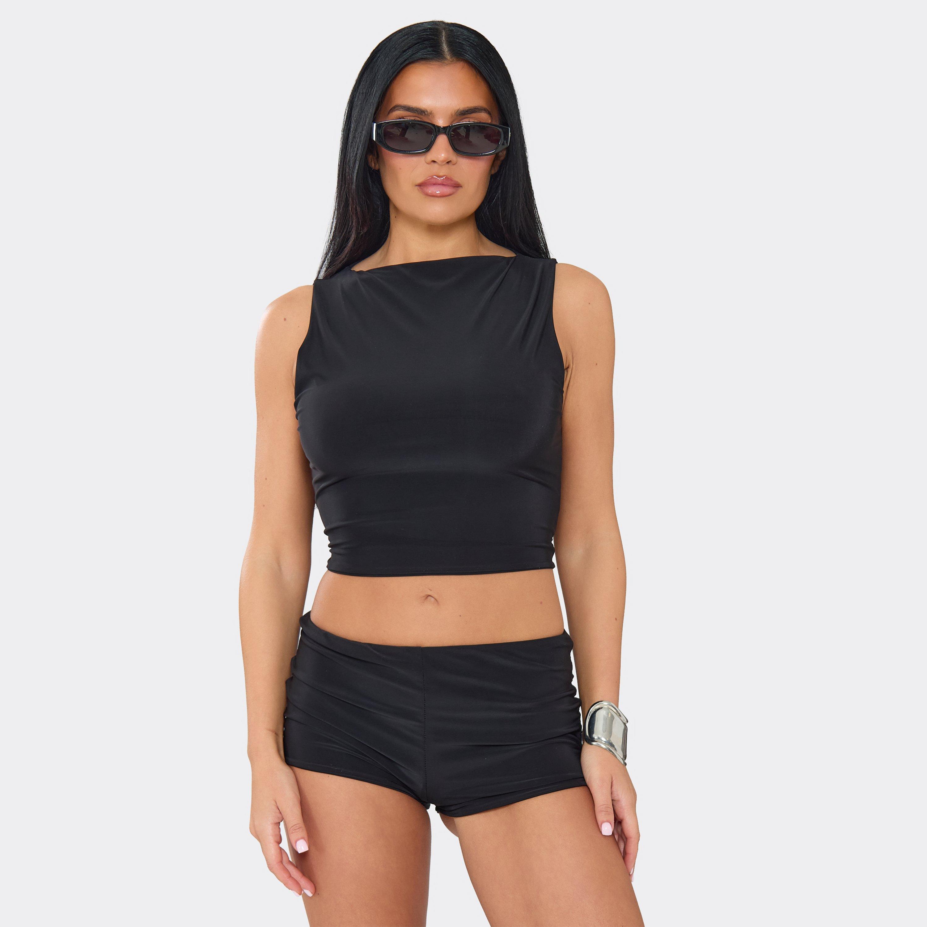 High Neck Sleeveless Cropped Top In Black Slinky, Women's Size UK 8