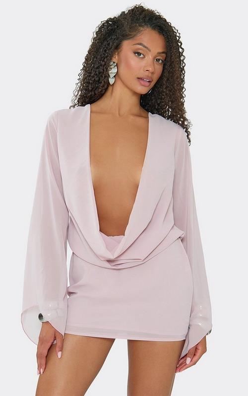 Long Sleeve Plunge Front Mini Dress In Grey Chiffon | EGO US