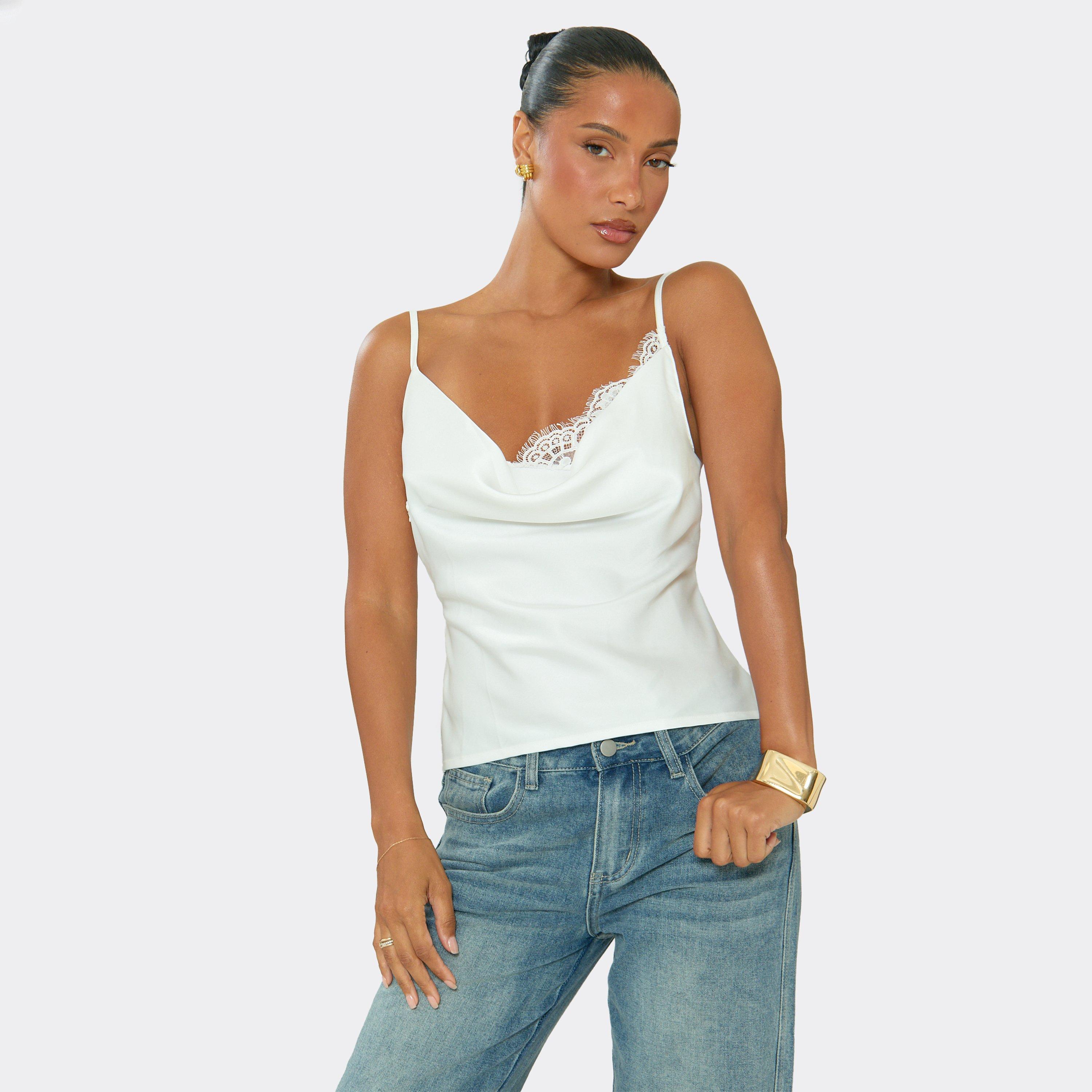Strappy Lace Detail Draped Front Top In Cream Satin, Women's Size UK 10