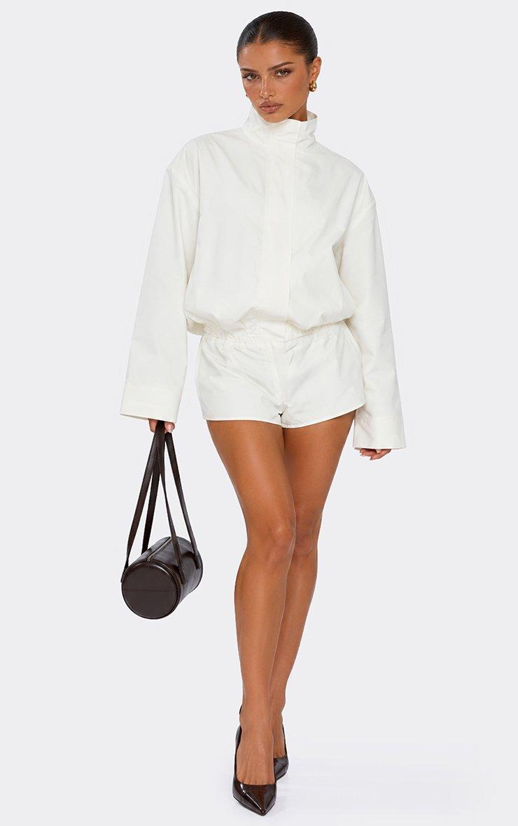 Long Sleeve Funnel Neck Blouson Shell Playsuit In White