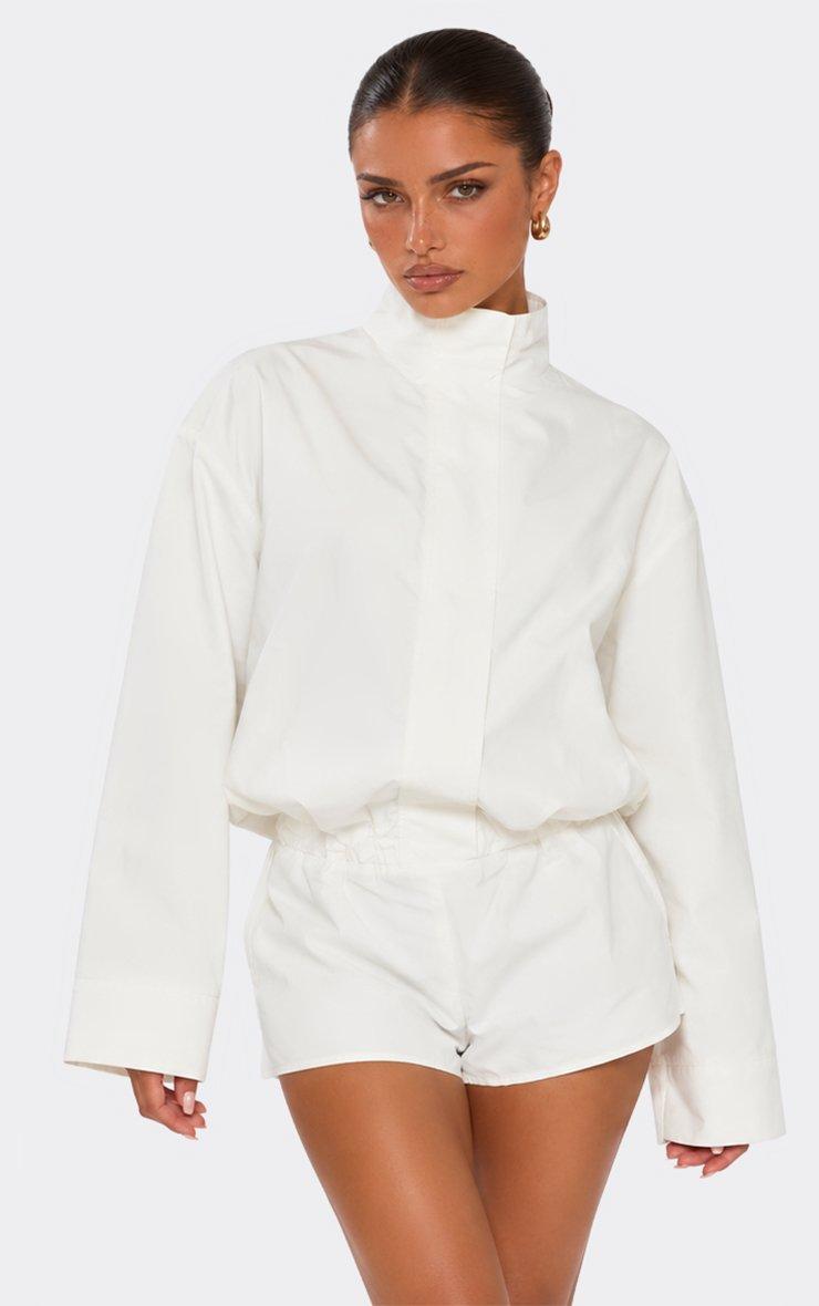 Long Sleeve Funnel Neck Blouson Shell Playsuit In White