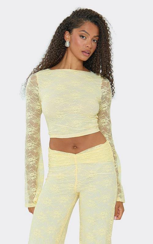 Long Sleeve Frill Detail Tie Front Crop Top In Green Slinky | EGO
