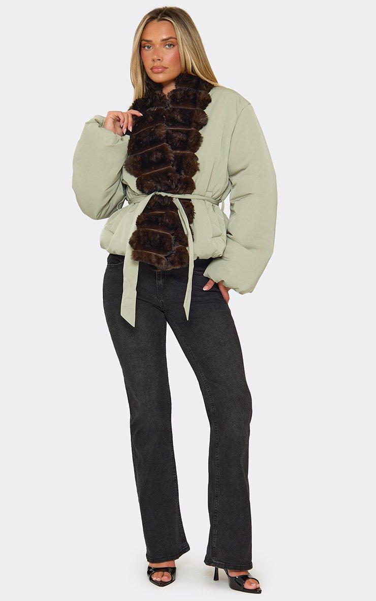 Long Sleeve Ribbed Fur Collar Detail Tie Waist Puffer Jacket In Green