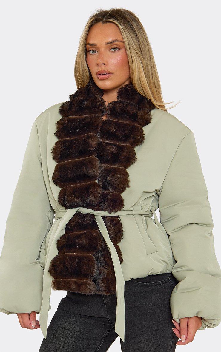Long Sleeve Ribbed Fur Collar Detail Tie Waist Puffer Jacket In Green