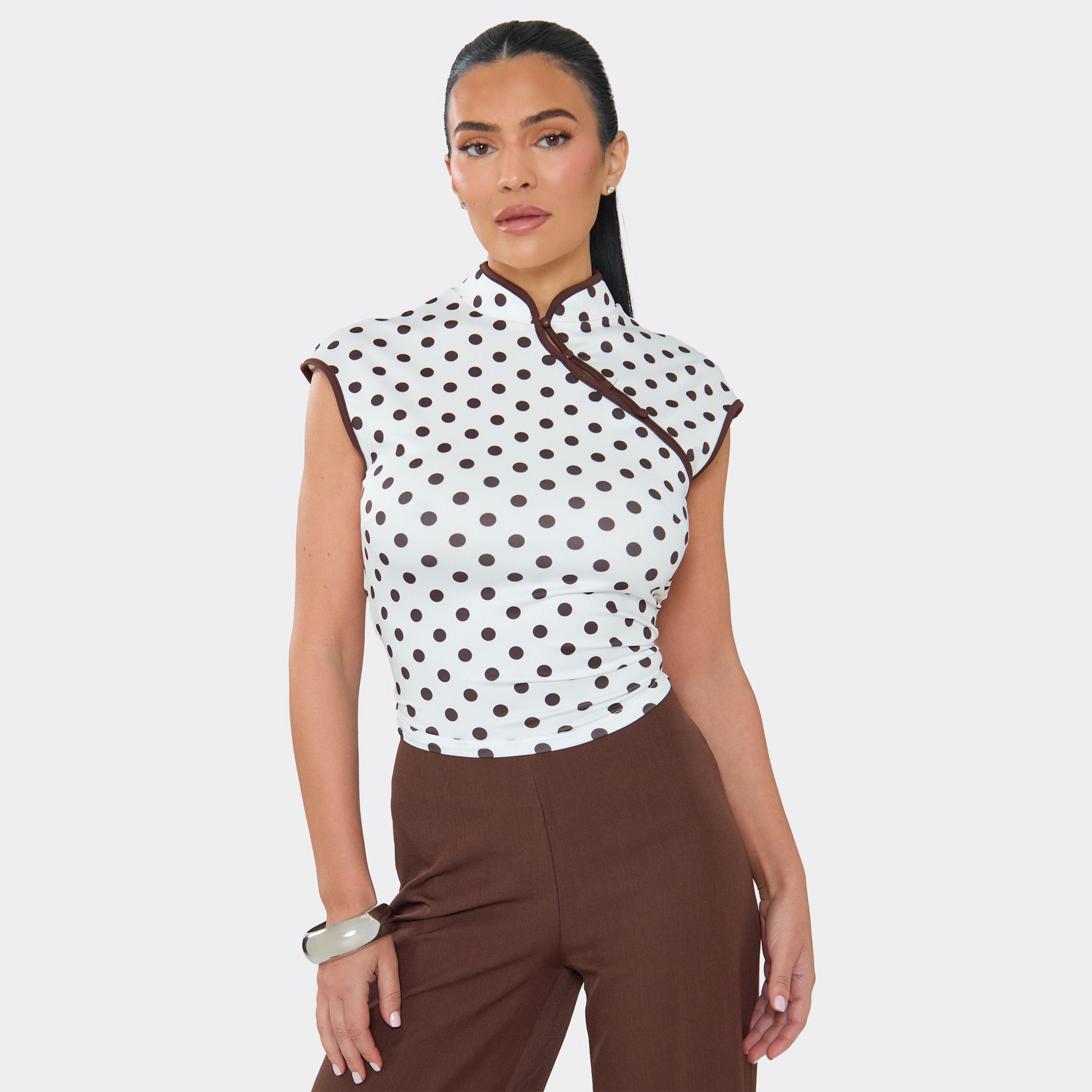 Short Sleeve Button Front Top In White And Chocolate Polka Dot, Women's Size UK S/M