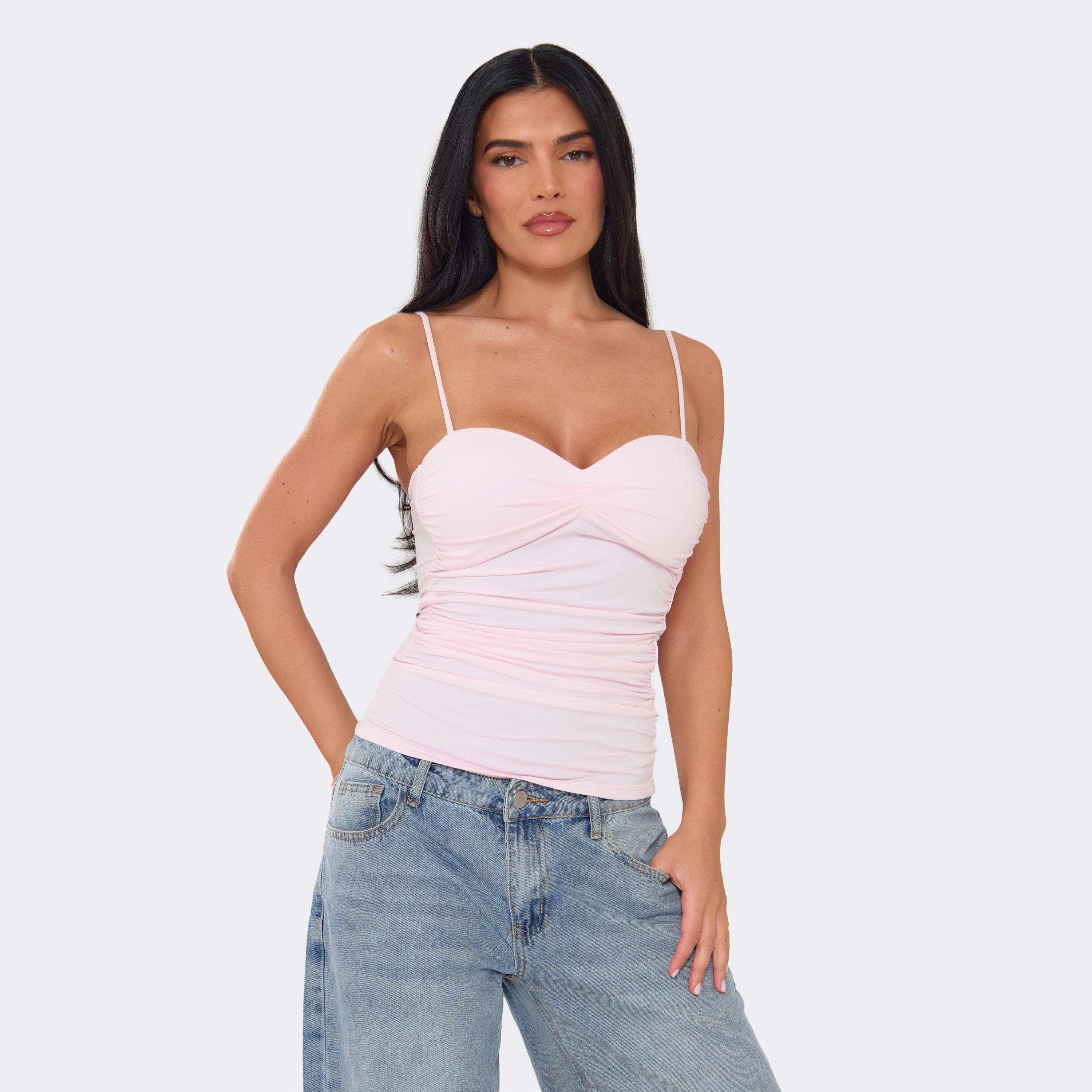 Strappy Bust Cup Detail Ruched Top In Pink Slinky, Women's Size UK S/M