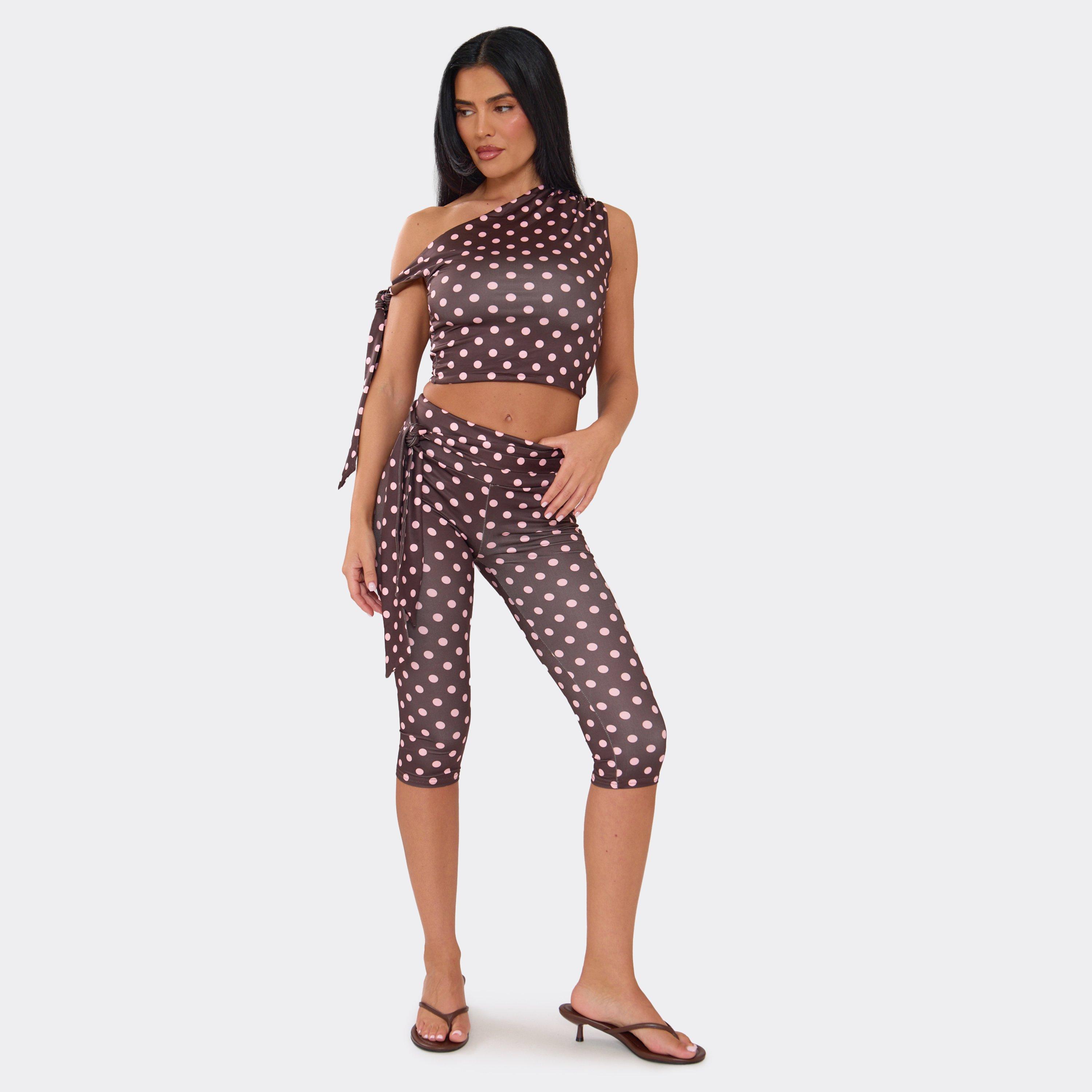 Off The Shoulder Tie Detail Top And Capri Trouser Co-Ord Set In Brown Polka Dot, Women's Size UK M/L