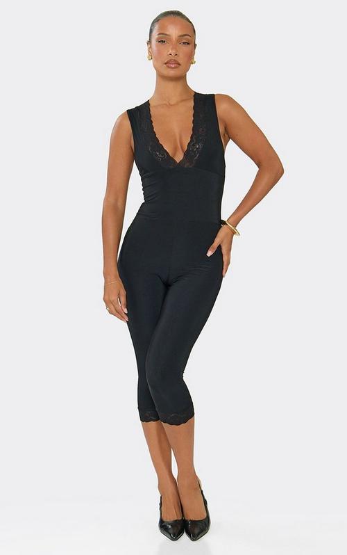 Long Sleeve Extreme Lace Up Front Detail Jumpsuit In Black Lace