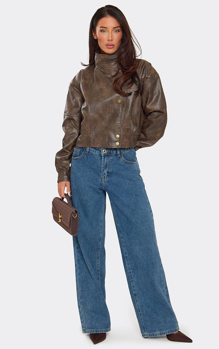 Long Sleeve Funnel Neck Popper Front Jacket In Brown Faux Leather