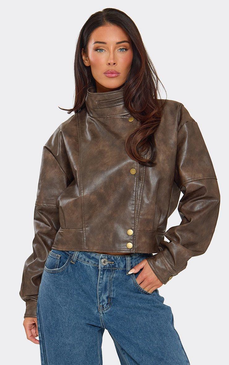 Long Sleeve Funnel Neck Popper Front Jacket In Brown Faux Leather