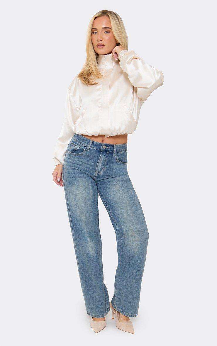 Long Sleeve Funnel Neck Bomber Jacket In Cream Satin