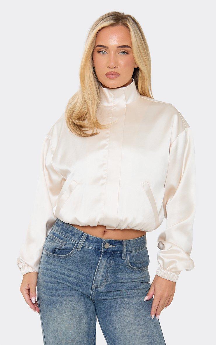 Long Sleeve Funnel Neck Bomber Jacket In Cream Satin